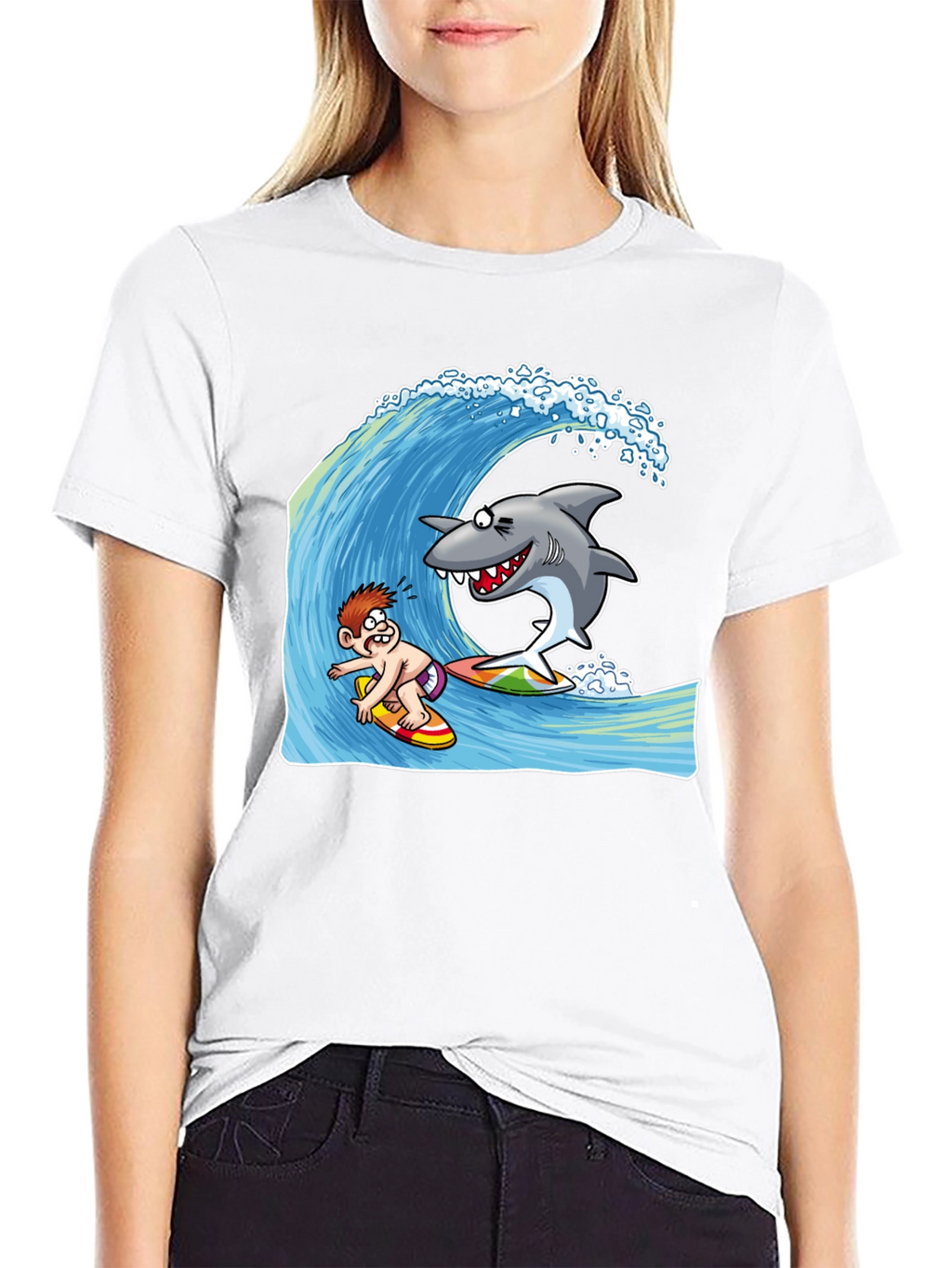 Surfing Shark Cartoon Black T-Shirt