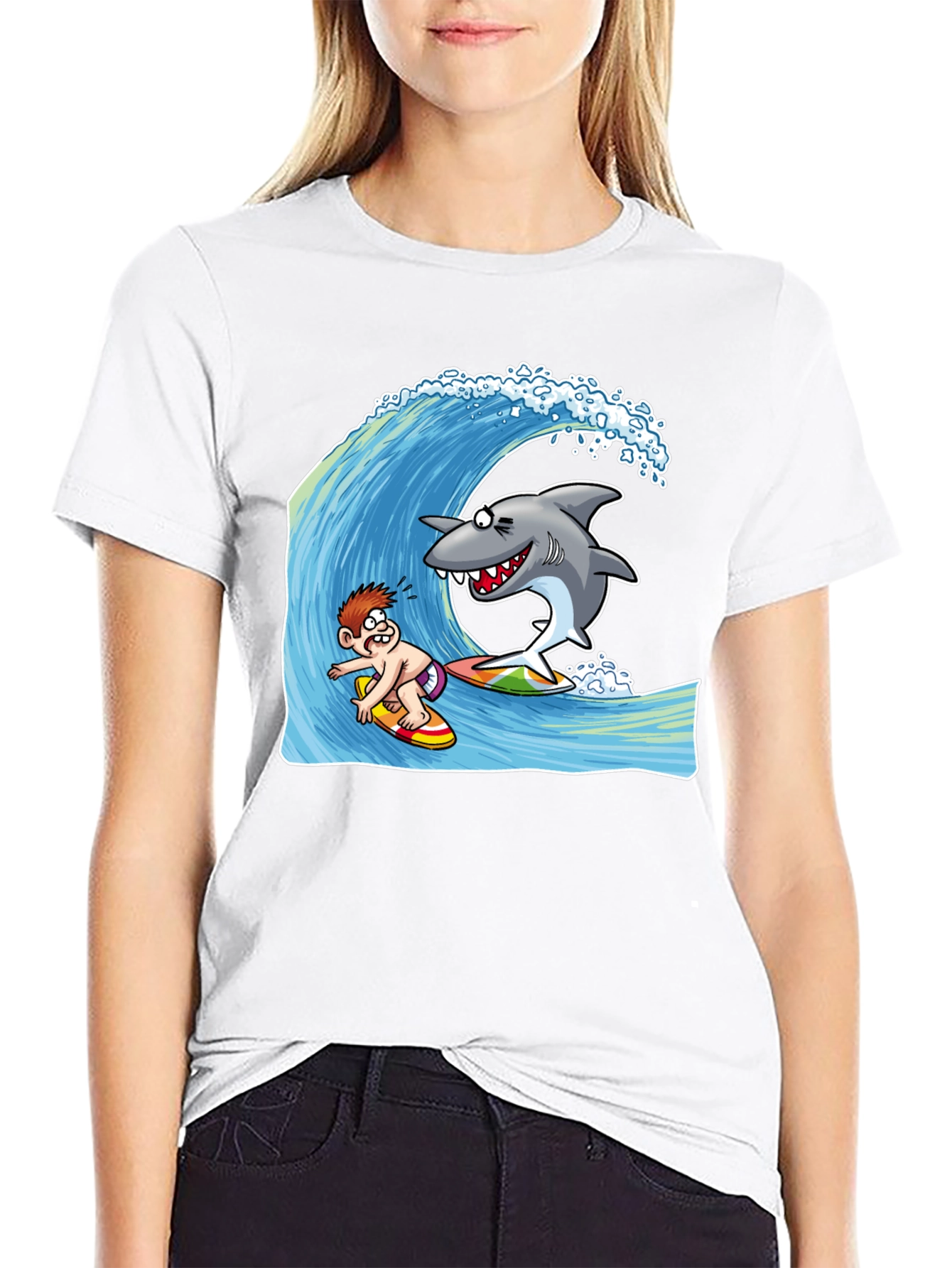 Surfing Shark Cartoon Black T-Shirt