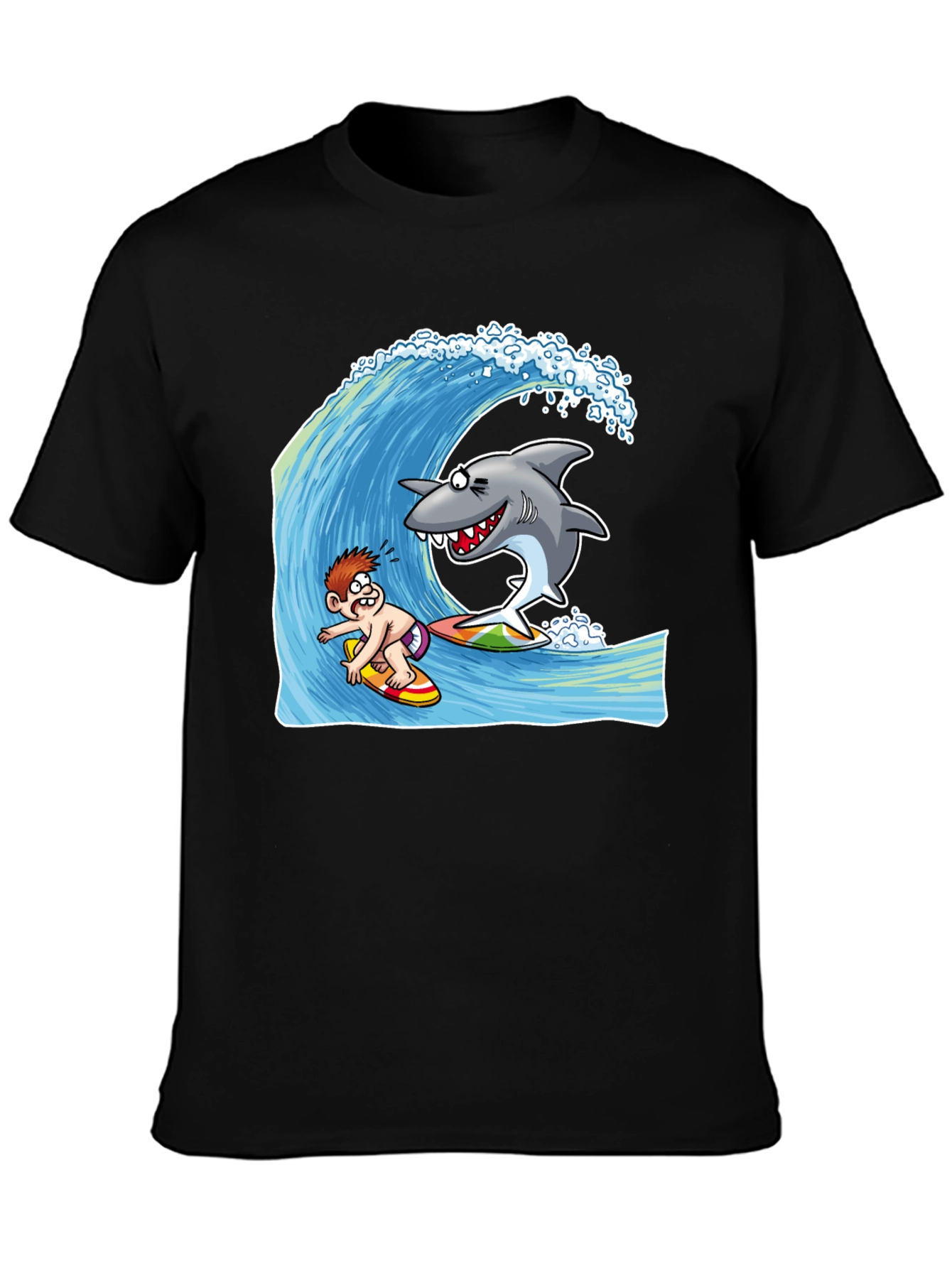 Surfing Shark Cartoon Black T-Shirt