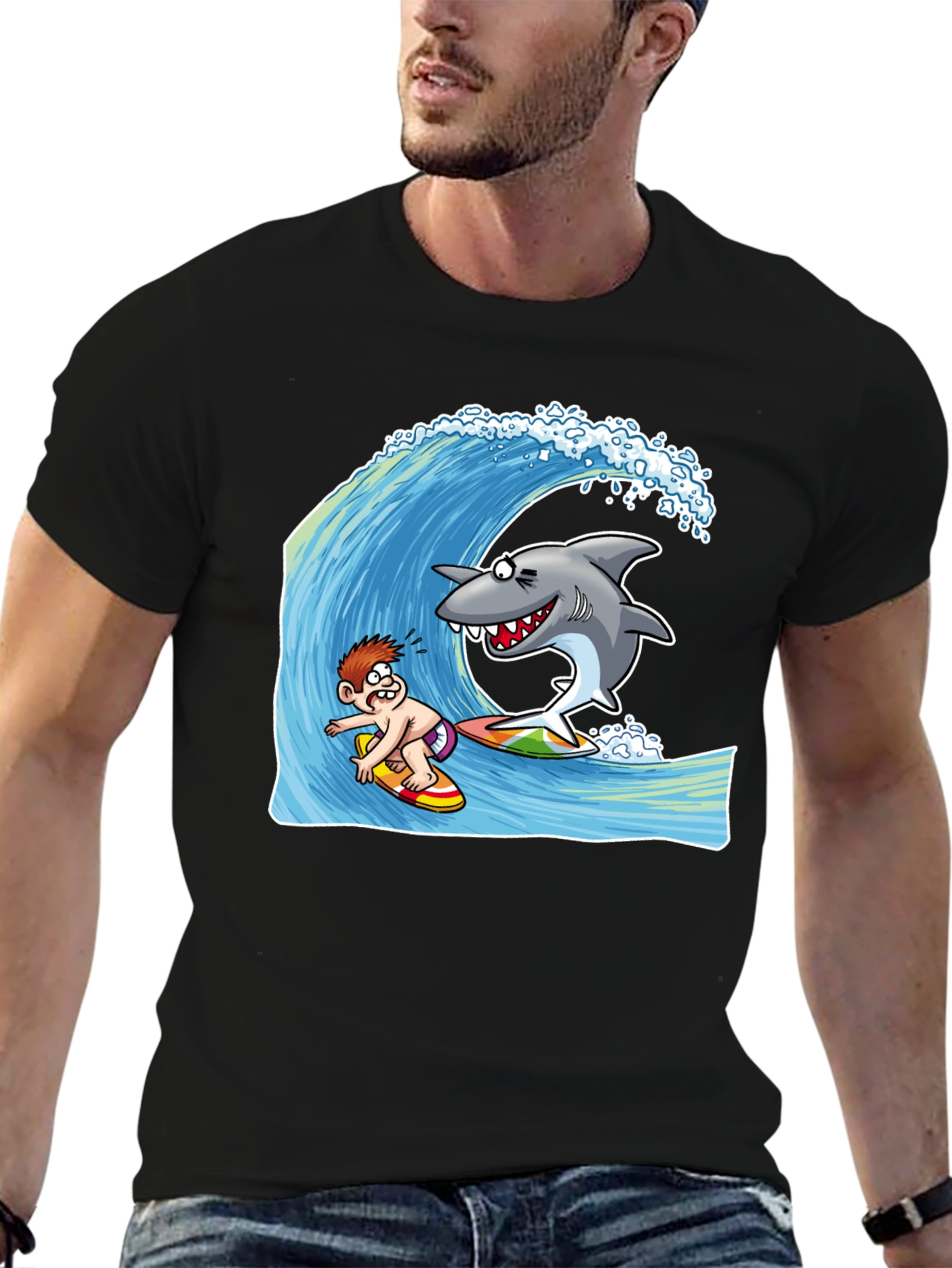 Surfing Shark Cartoon Black T-Shirt