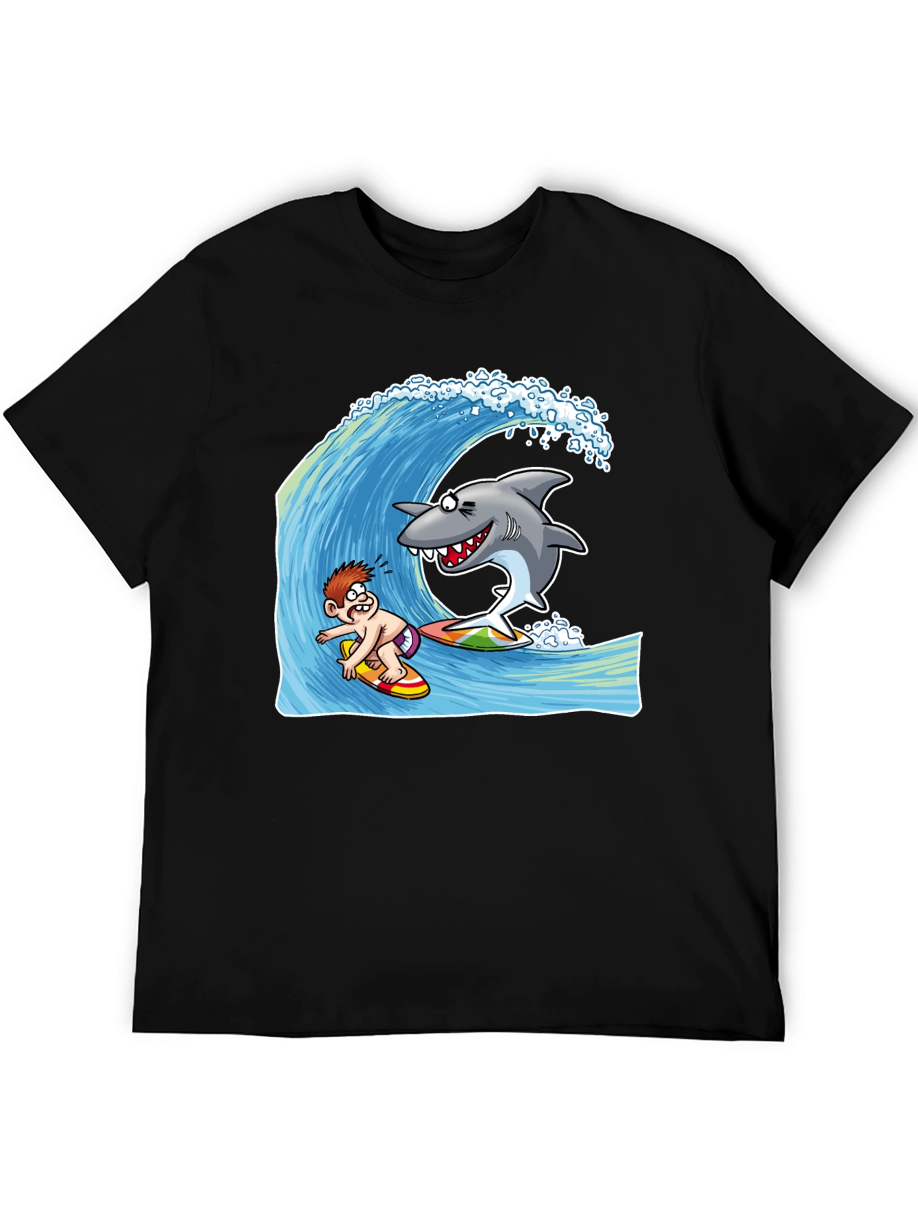 Surfing Shark Cartoon Black T-Shirt