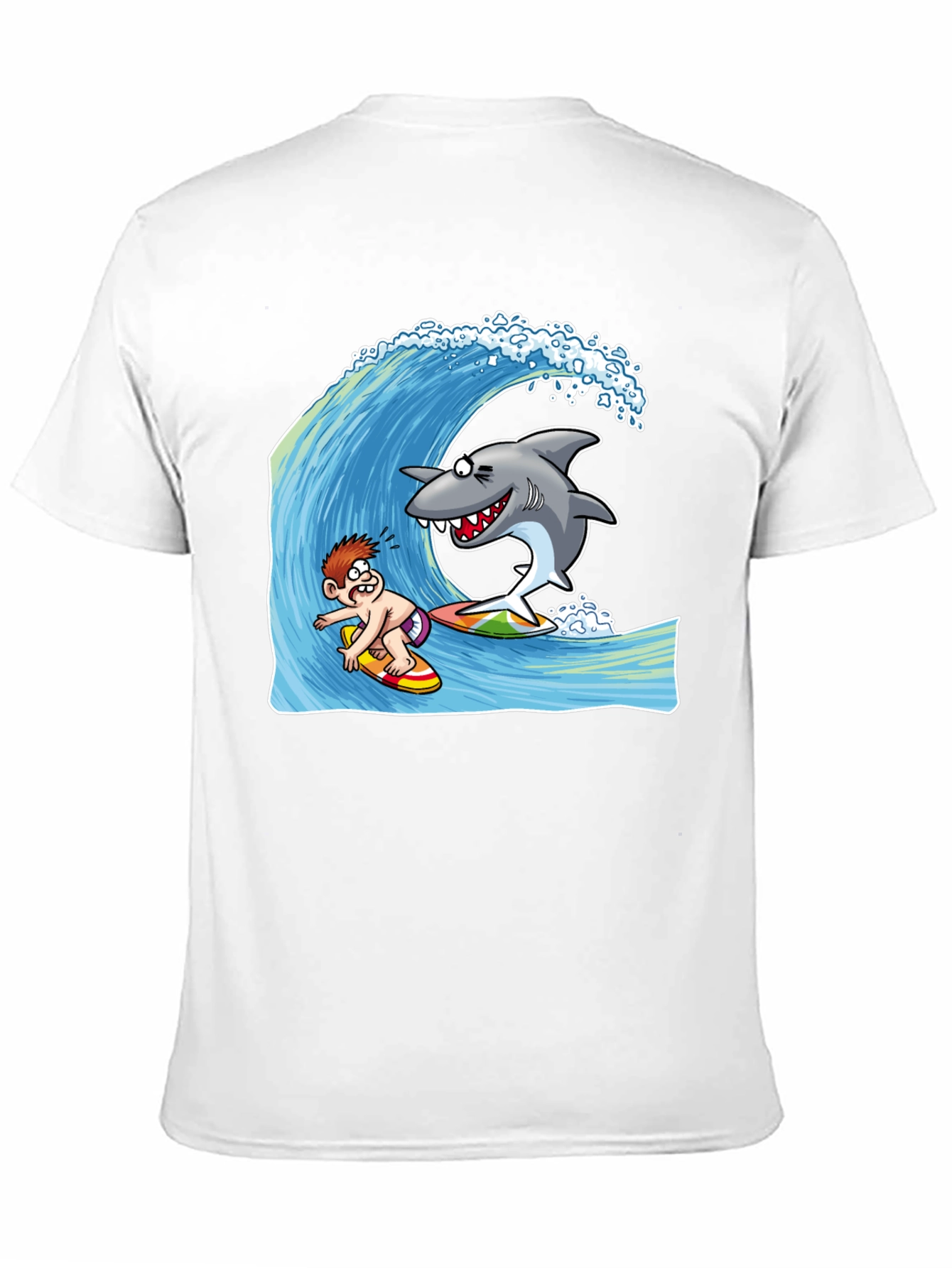 Surfing Shark Cartoon Black T-Shirt