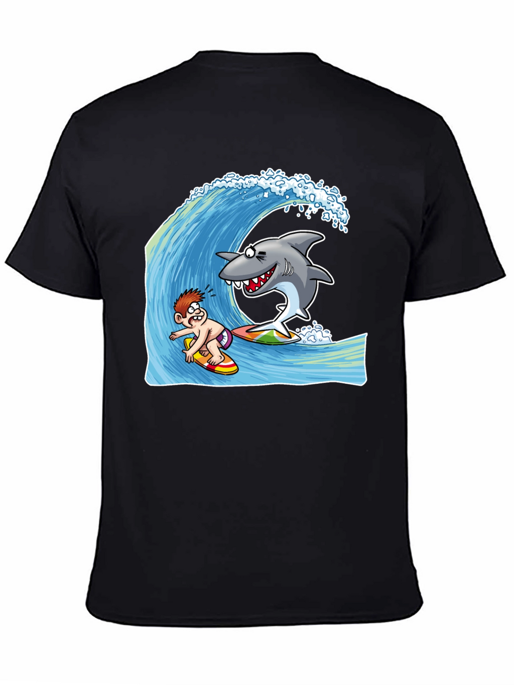 Surfing Shark Cartoon Black T-Shirt