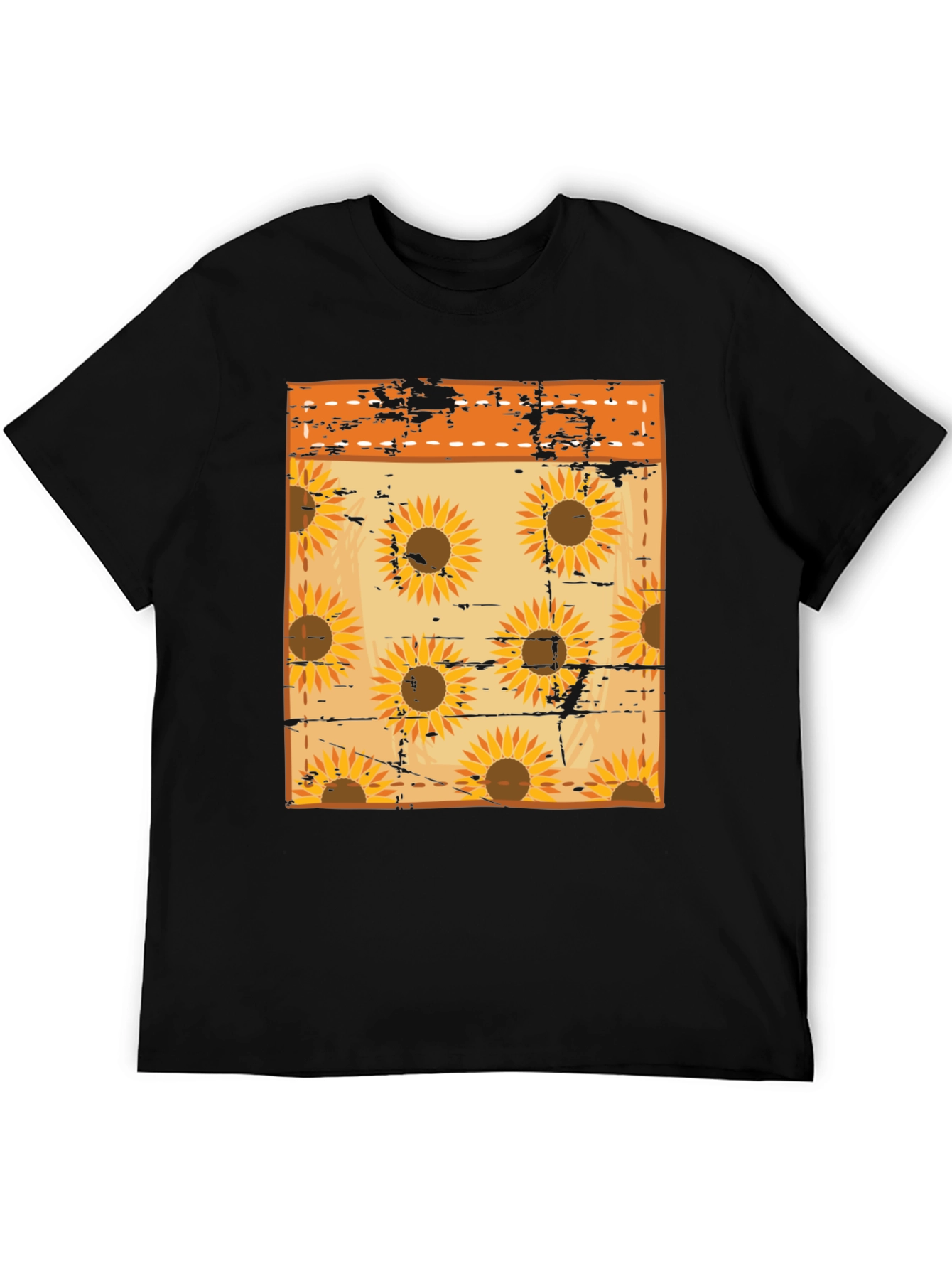 Sunflower Pattern Mens Black T-Shirt