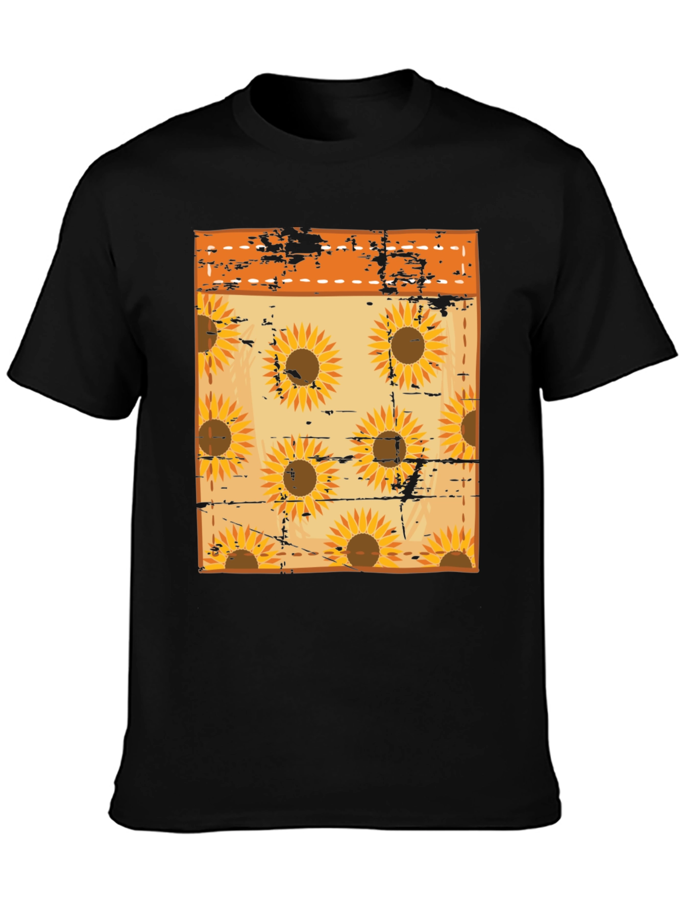 Sunflower Pattern Mens Black T-Shirt