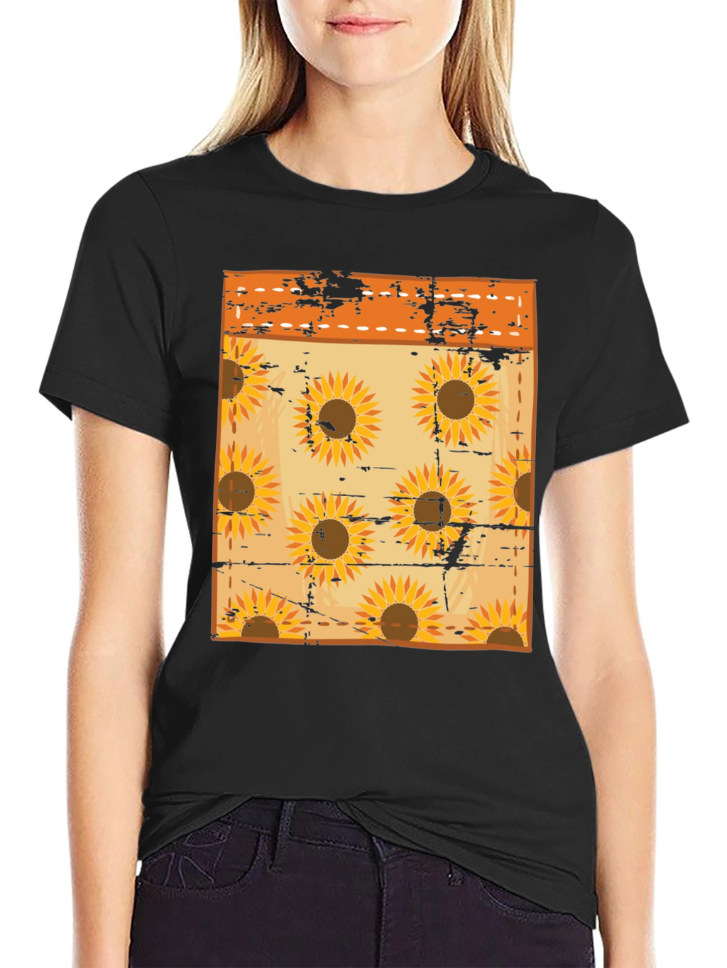 Sunflower Pattern Mens Black T-Shirt