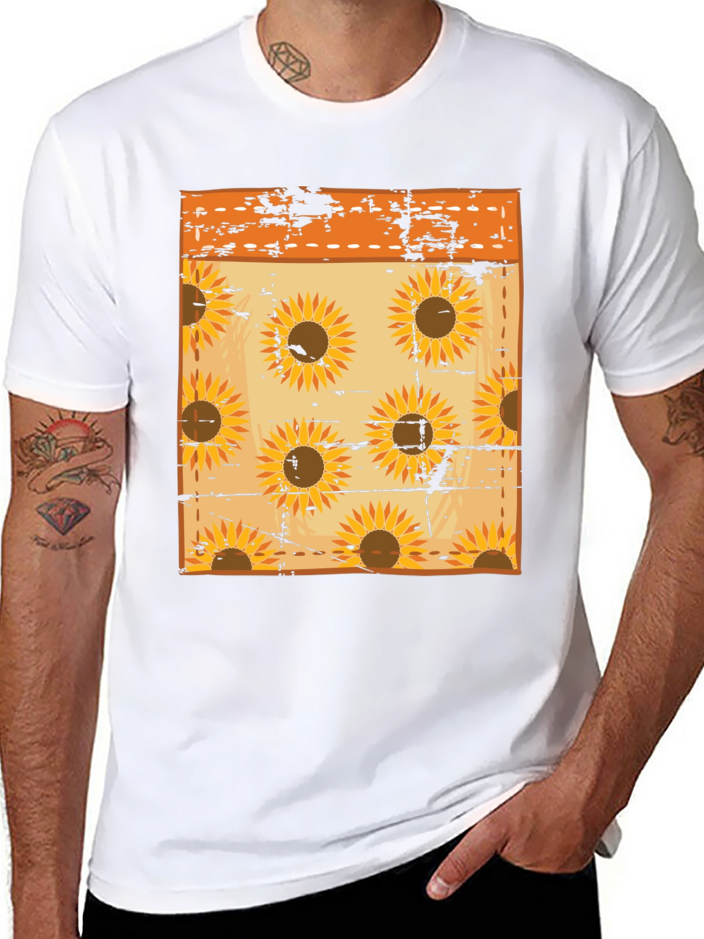 Sunflower Pattern Mens Black T-Shirt