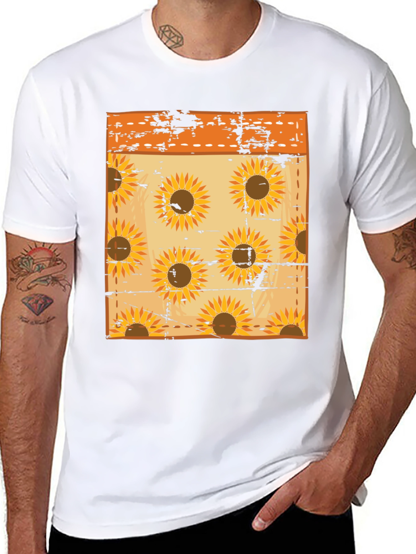 Sunflower Pattern Mens Black T-Shirt