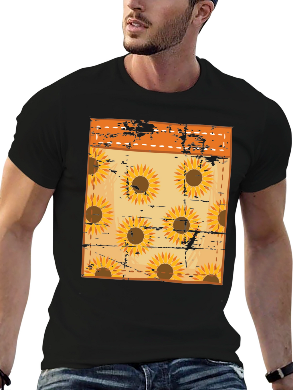 Sunflower Pattern Mens Black T-Shirt