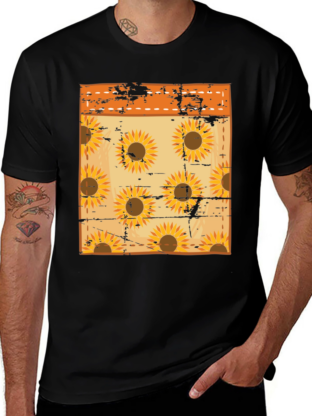 Sunflower Pattern Mens Black T-Shirt