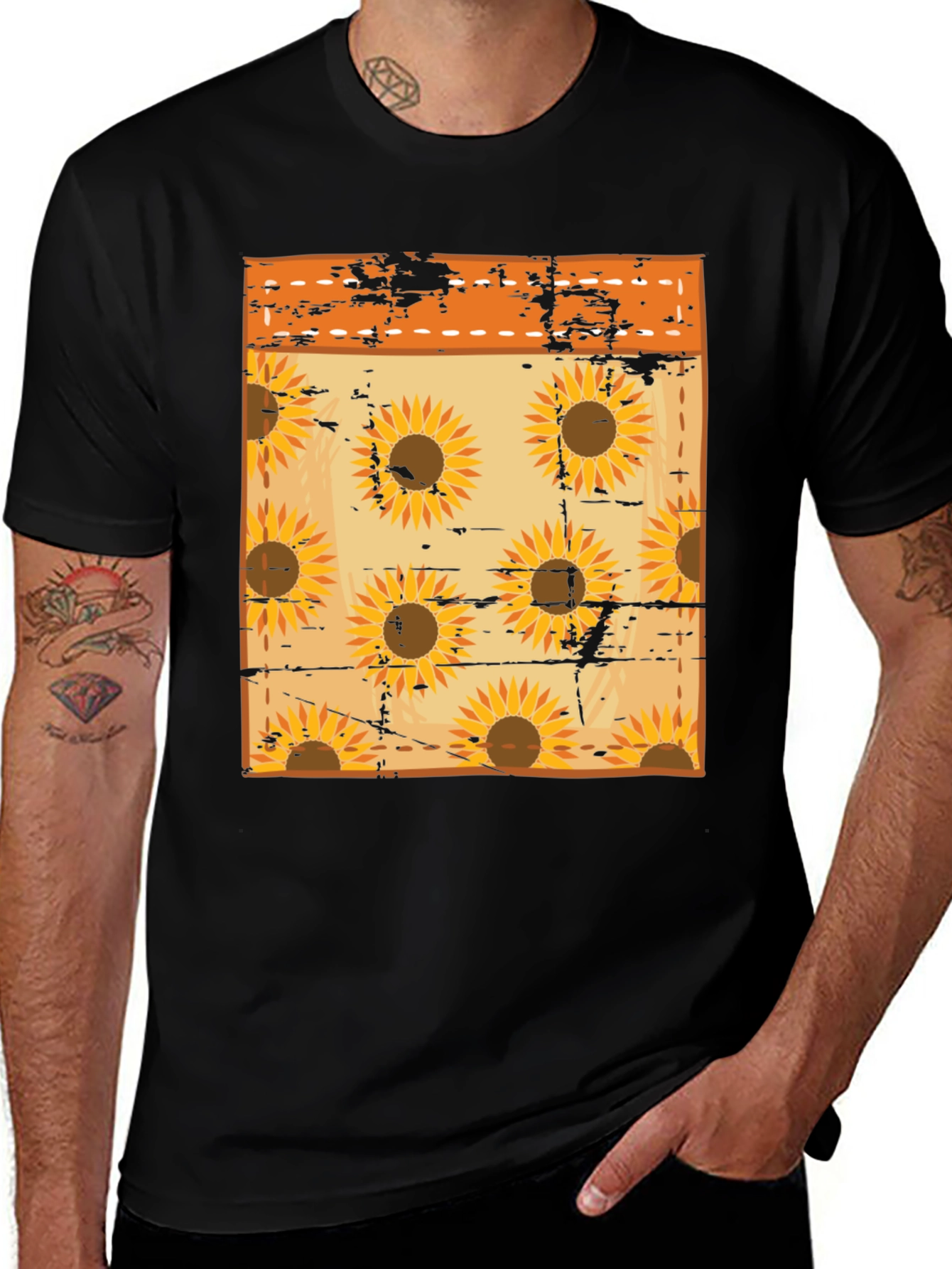 Sunflower Pattern Mens Black T-Shirt