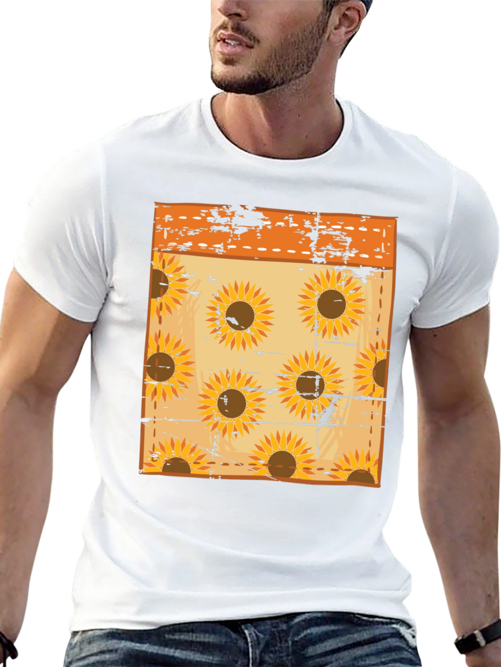 Sunflower Pattern Mens Black T-Shirt