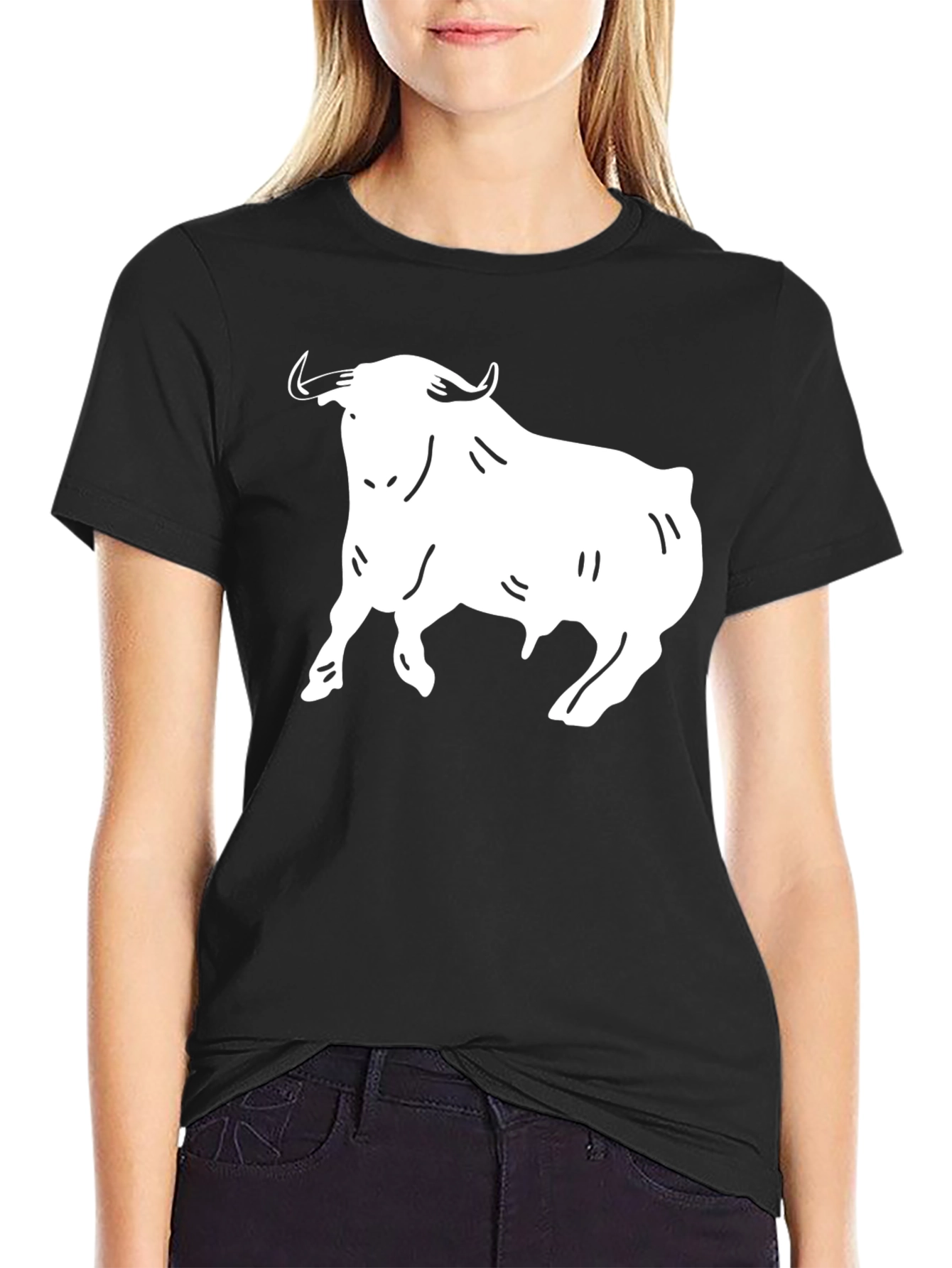 Black T-Shirt with White Bull Graphic