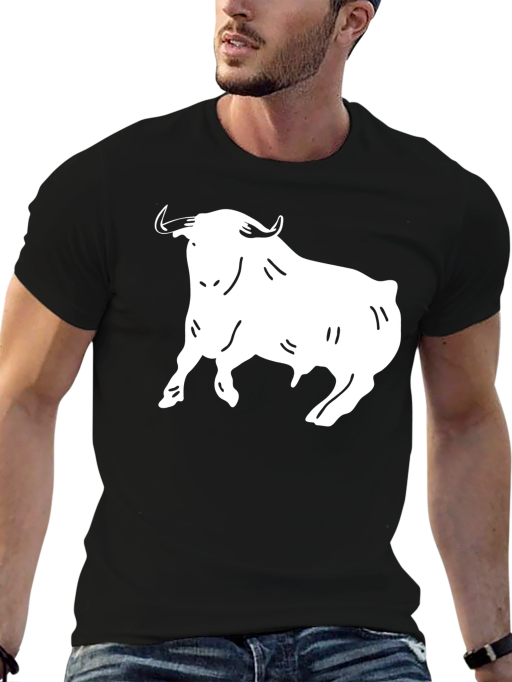 Black T-Shirt with White Bull Graphic
