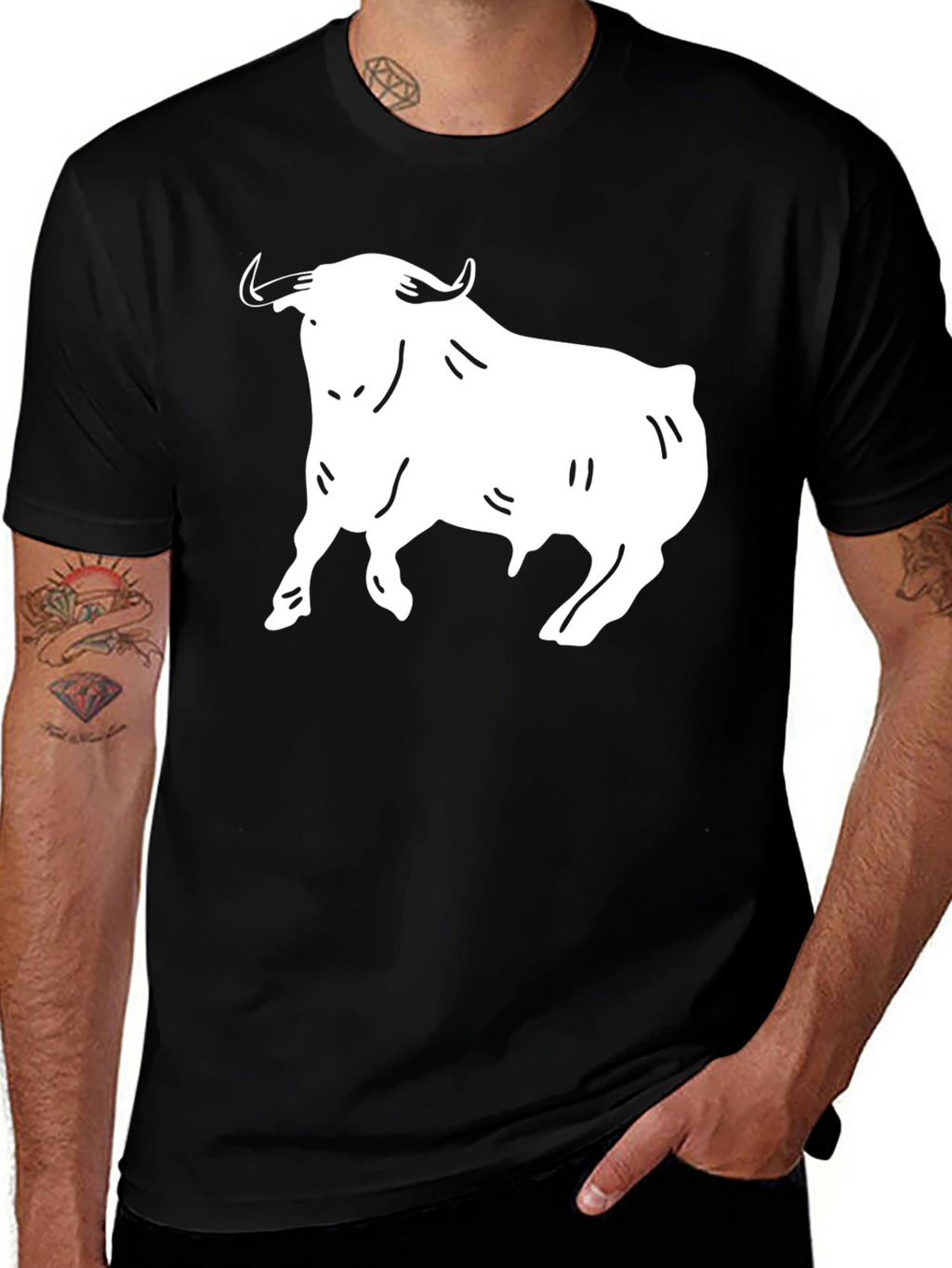 Black T-Shirt with White Bull Graphic