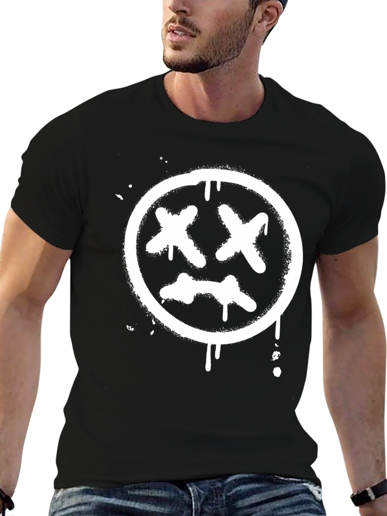 Black Tee with White Distressed X-Eyes Smiley Face