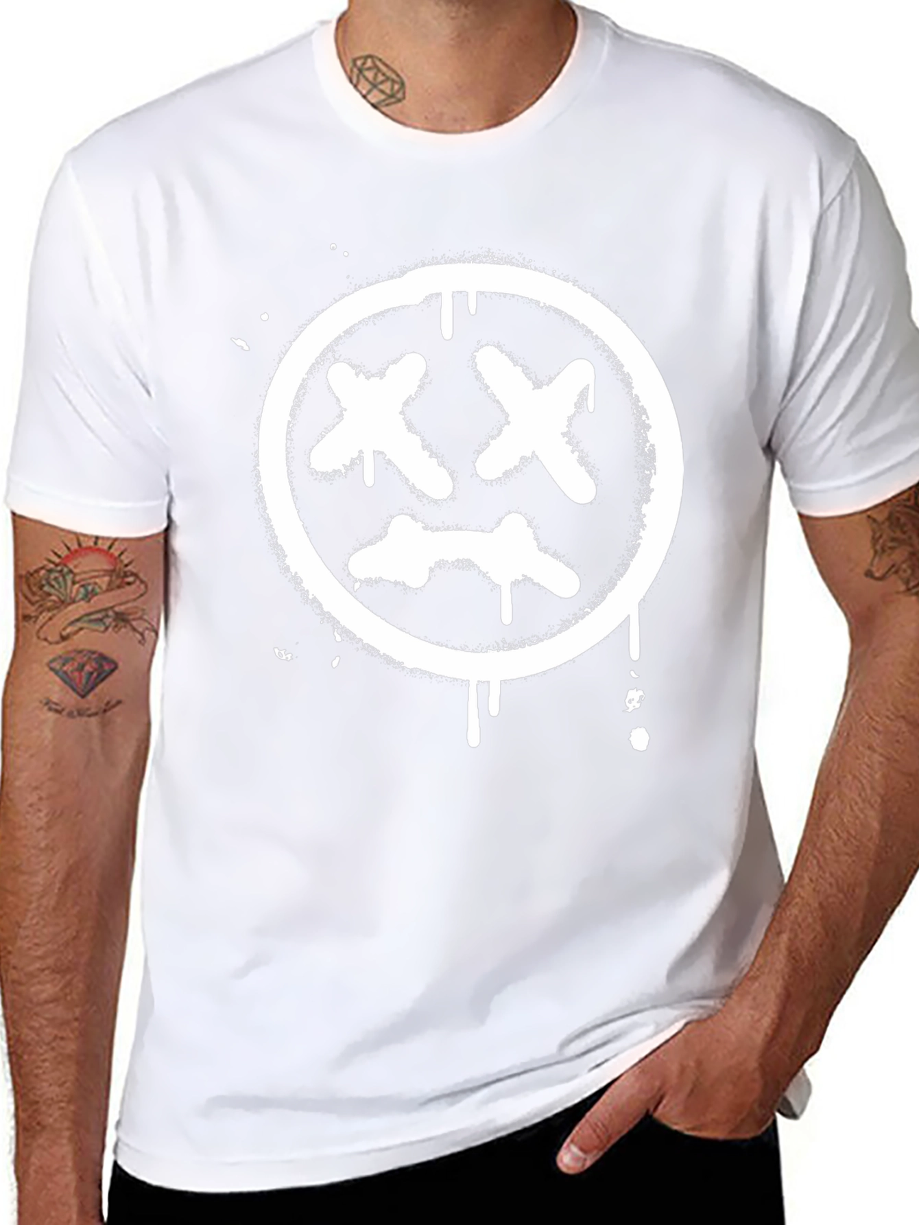Black Tee with White Distressed X-Eyes Smiley Face