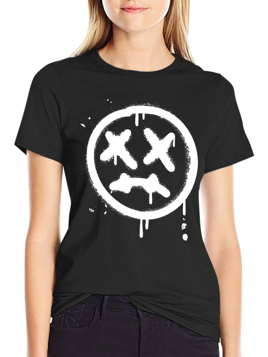 Black Tee with White Distressed X-Eyes Smiley Face