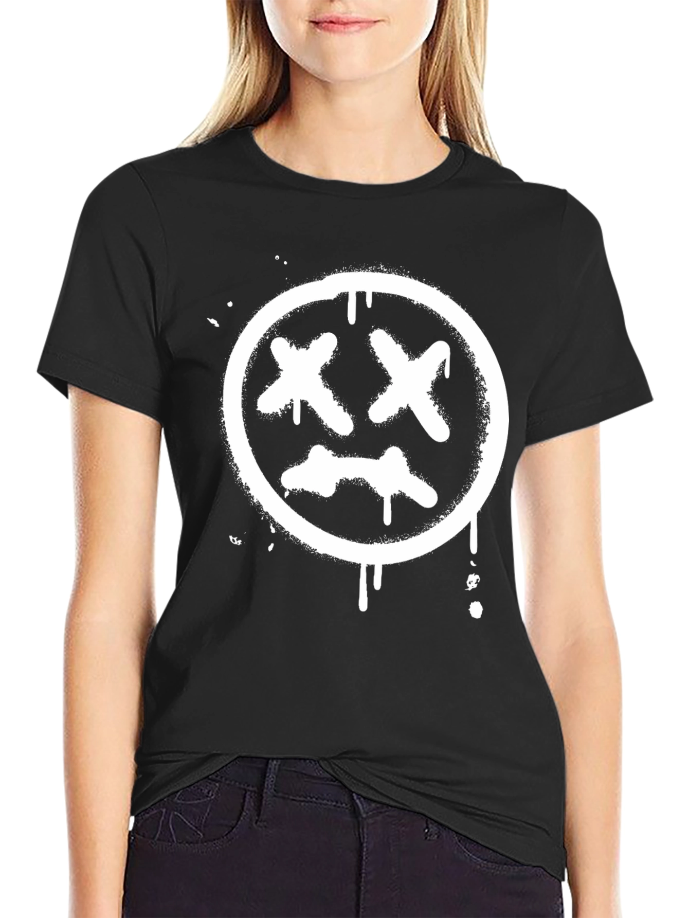 Black Tee with White Distressed X-Eyes Smiley Face