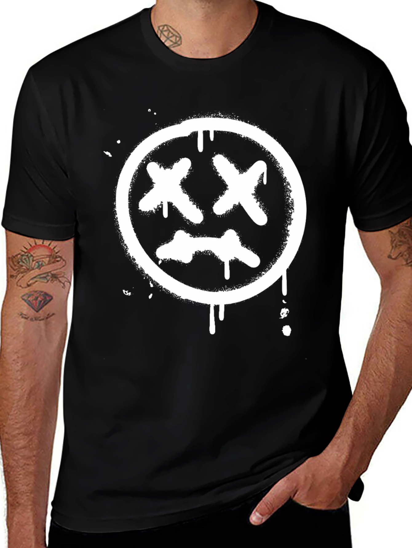 Black Tee with White Distressed X-Eyes Smiley Face