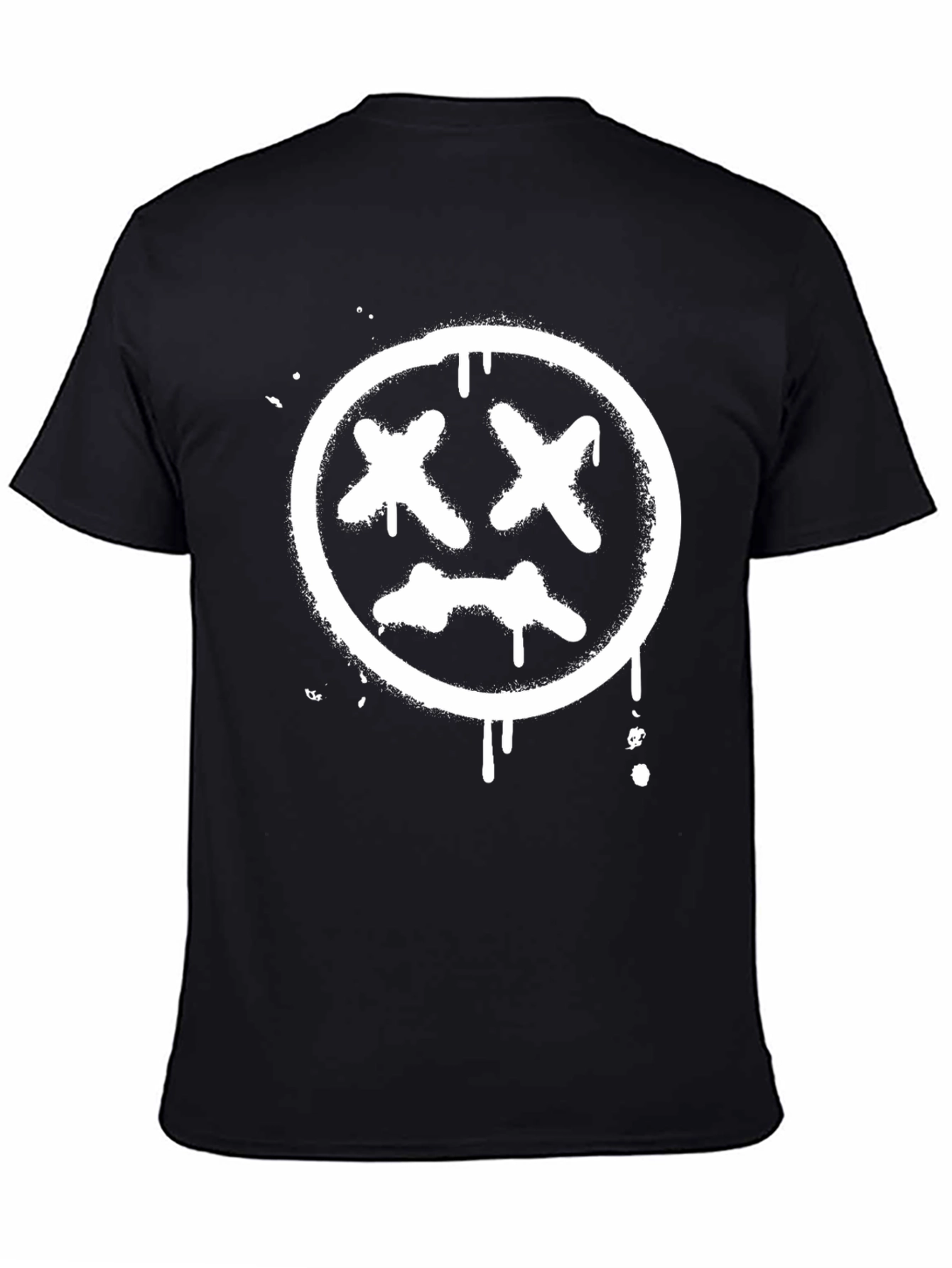 Black Tee with White Distressed X-Eyes Smiley Face