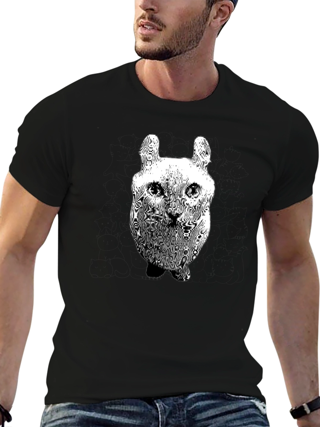 Cool Distorted Cat Graphic Black T-Shirt