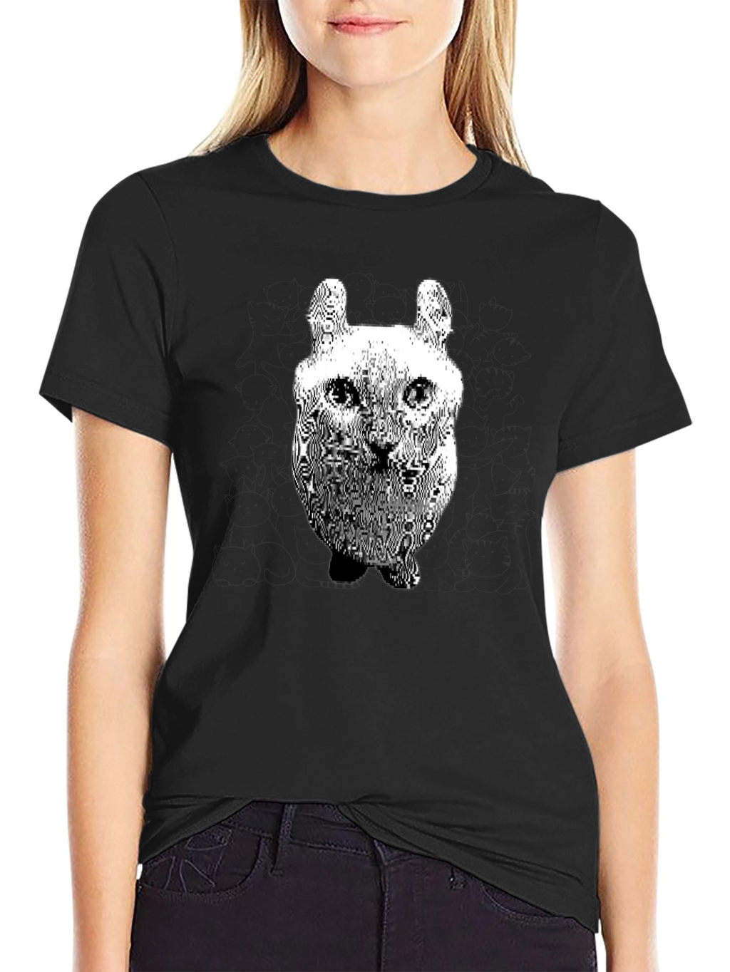 Cool Distorted Cat Graphic Black T-Shirt
