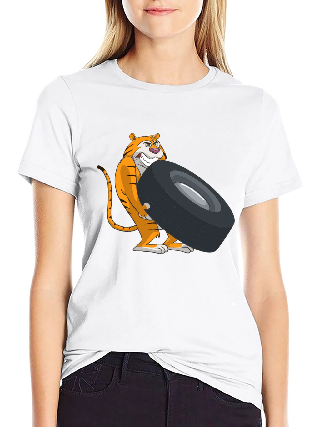 Tiger Lifting Tire Graphic Tee - Black Cotton T-Shirt