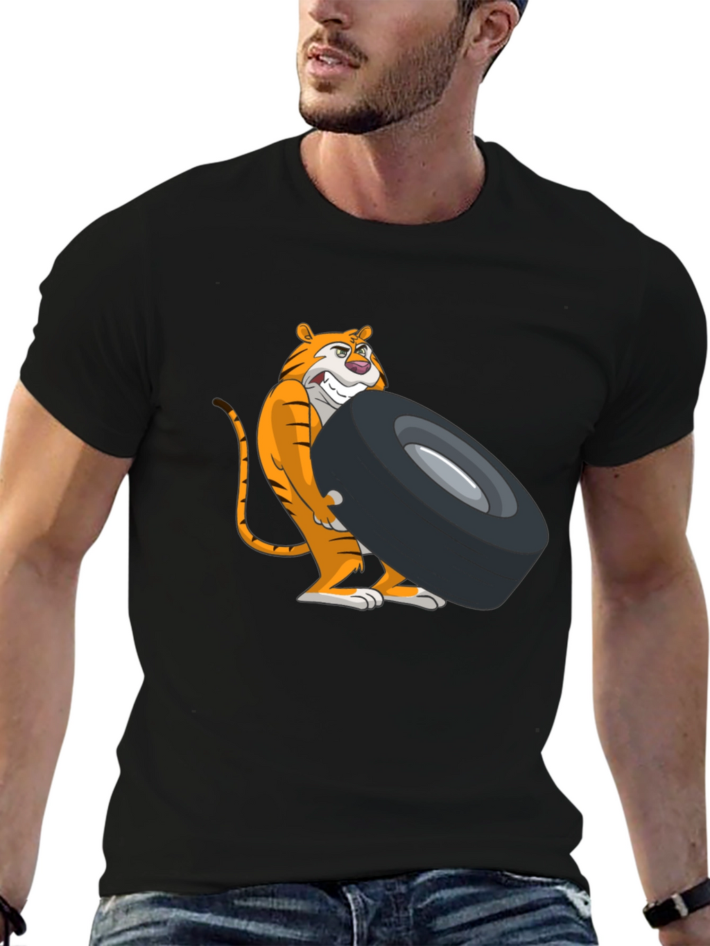 Tiger Lifting Tire Graphic Tee - Black Cotton T-Shirt