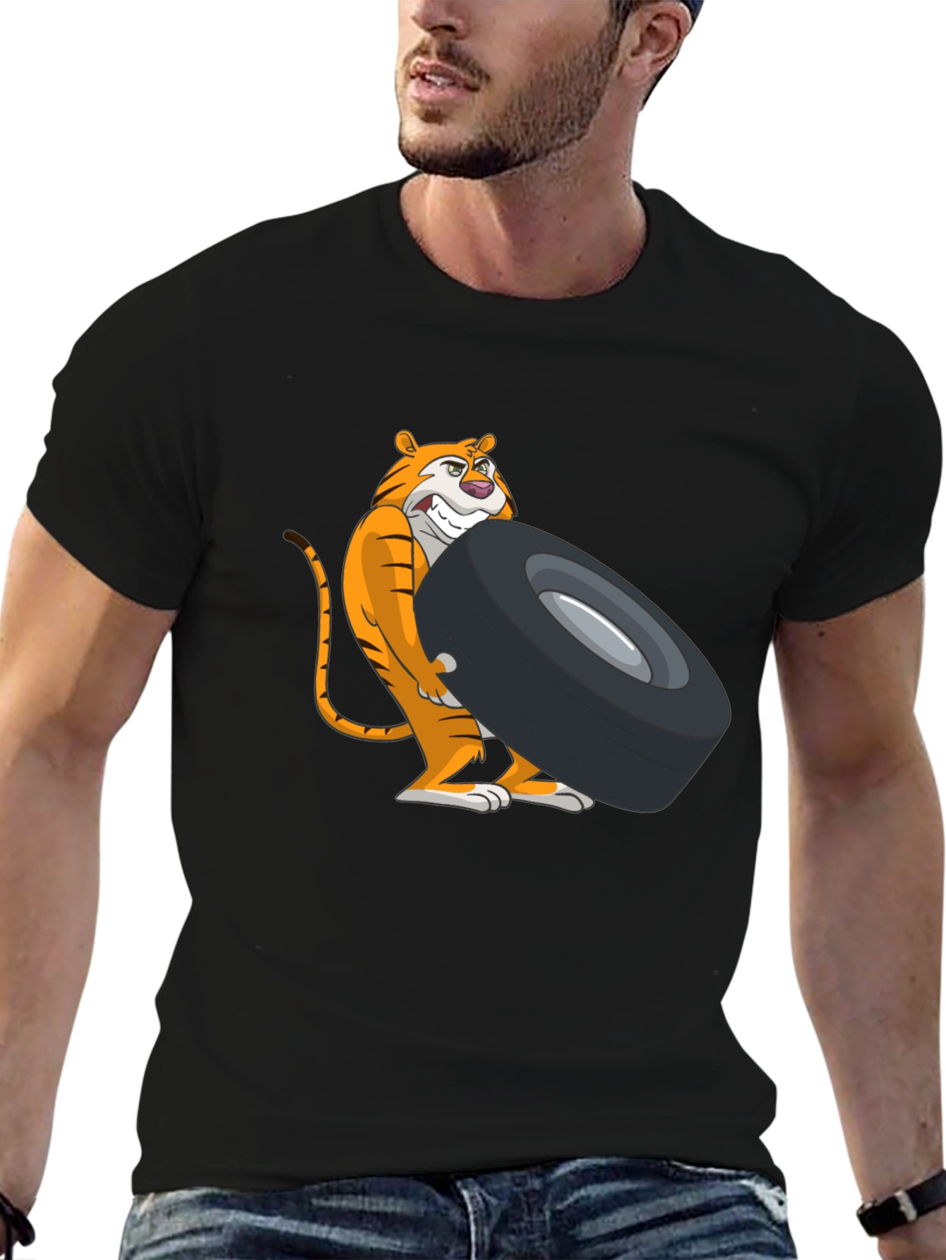 Tiger Lifting Tire Graphic Tee - Black Cotton T-Shirt