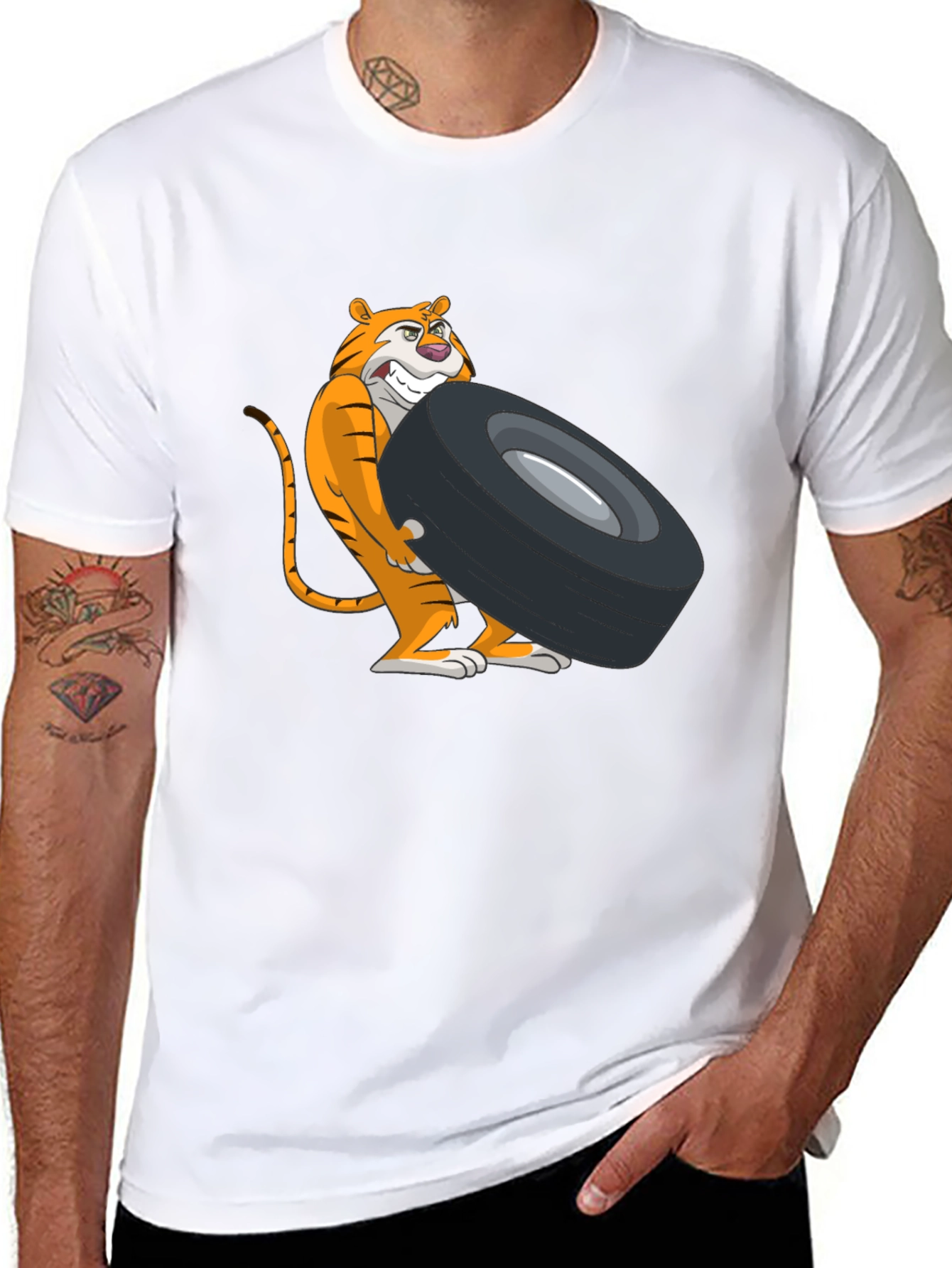 Tiger Lifting Tire Graphic Tee - Black Cotton T-Shirt