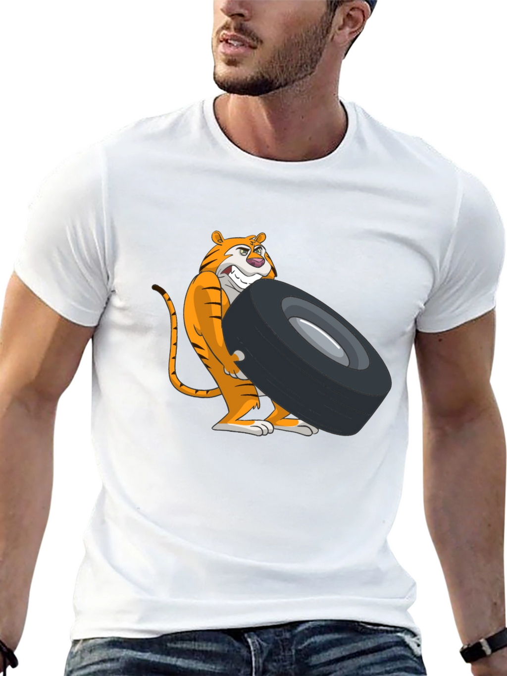 Tiger Lifting Tire Graphic Tee - Black Cotton T-Shirt