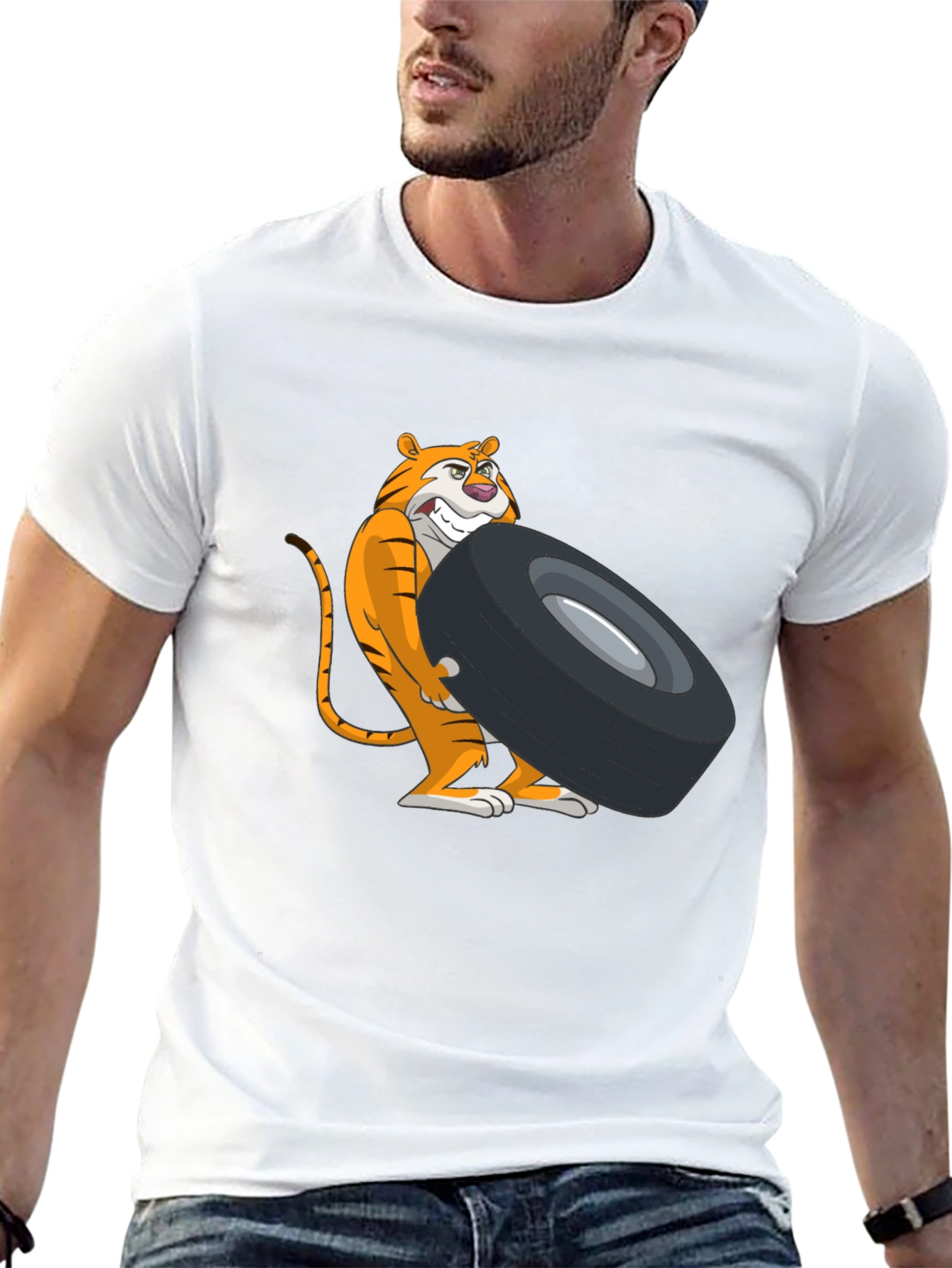 Tiger Lifting Tire Graphic Tee - Black Cotton T-Shirt