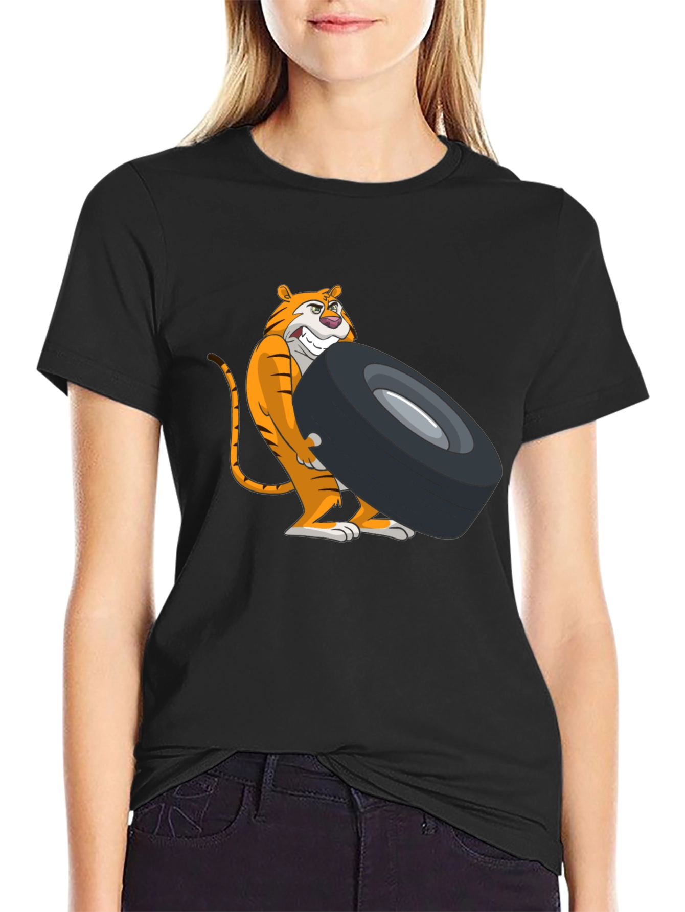 Tiger Lifting Tire Graphic Tee - Black Cotton T-Shirt