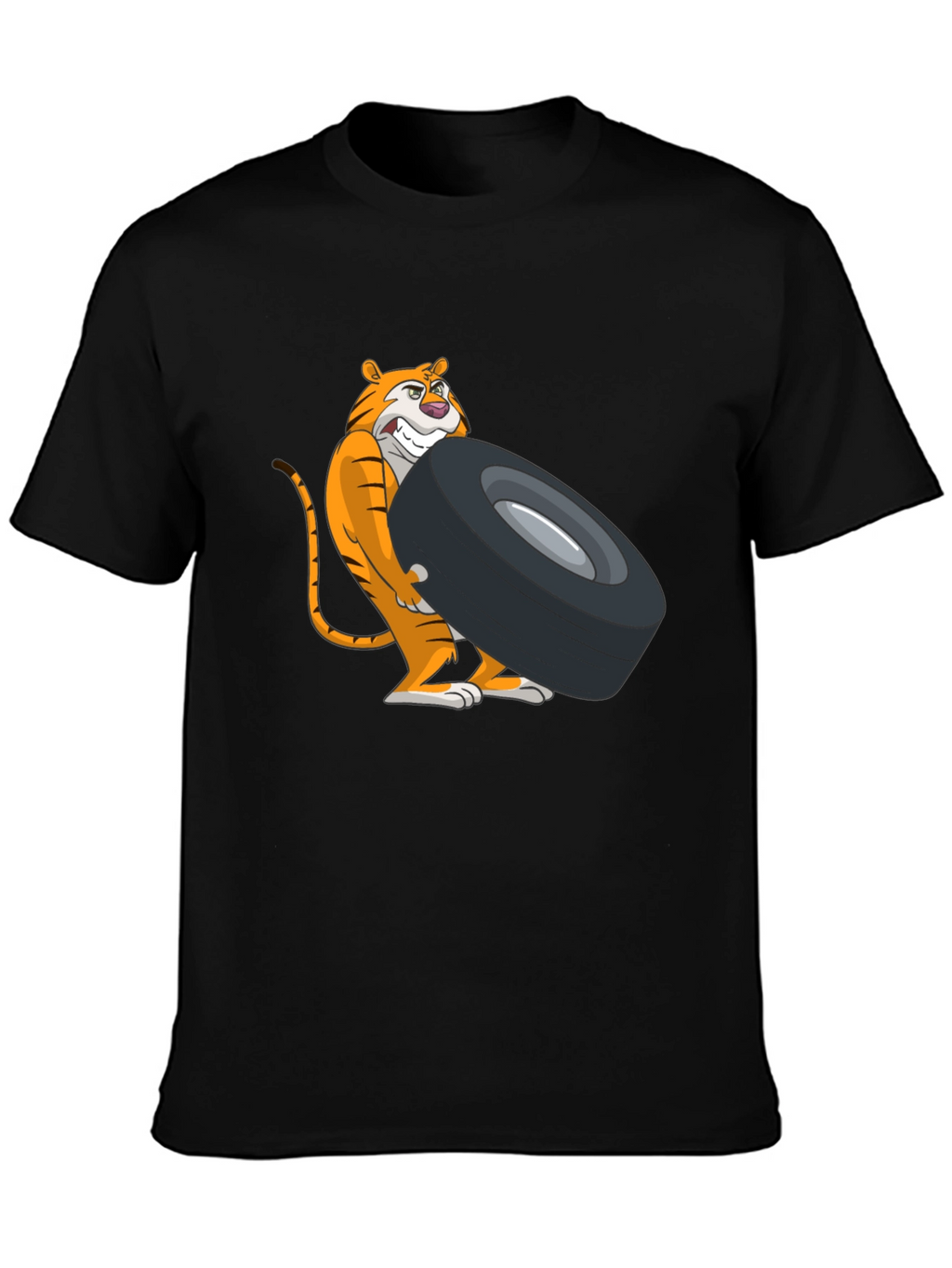 Tiger Lifting Tire Graphic Tee - Black Cotton T-Shirt
