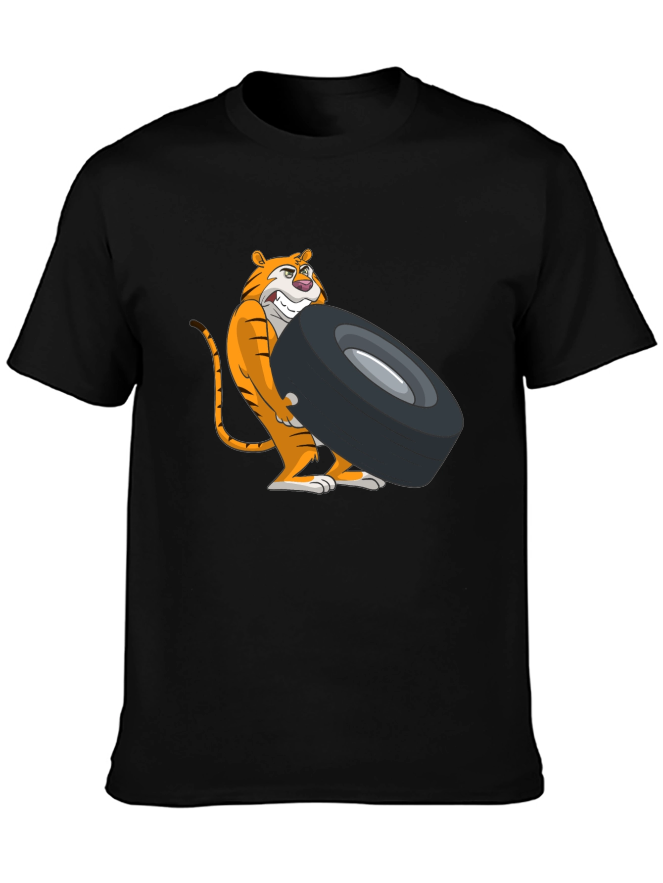 Tiger Lifting Tire Graphic Tee - Black Cotton T-Shirt