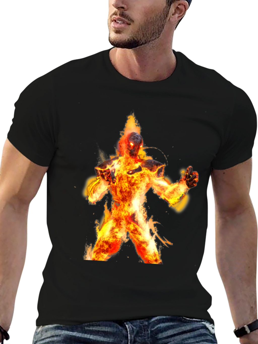 Flaming Fire Elemental Graphic Tee - Black Cotton Blend