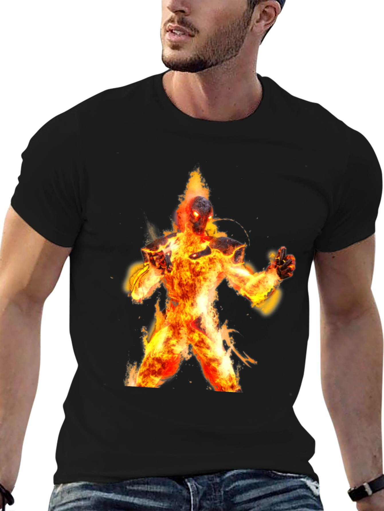 Flaming Fire Elemental Graphic Tee - Black Cotton Blend