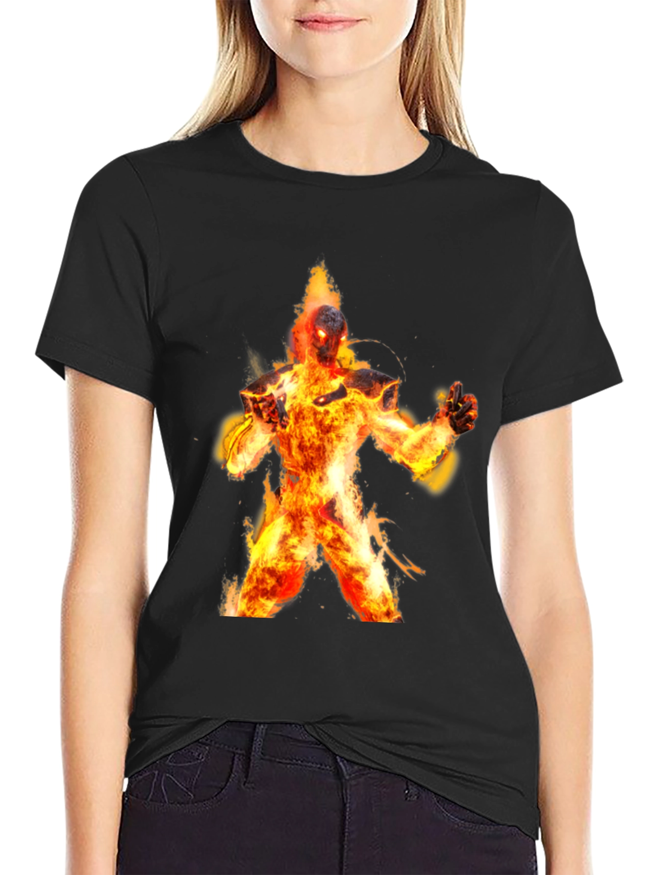 Flaming Fire Elemental Graphic Tee - Black Cotton Blend