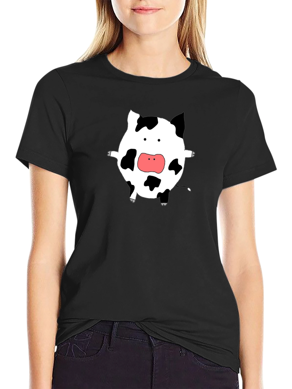 Cute Cow Graphic Tee - Black Cotton T-Shirt