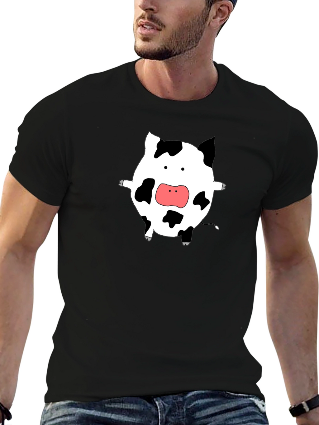 Cute Cow Graphic Tee - Black Cotton T-Shirt