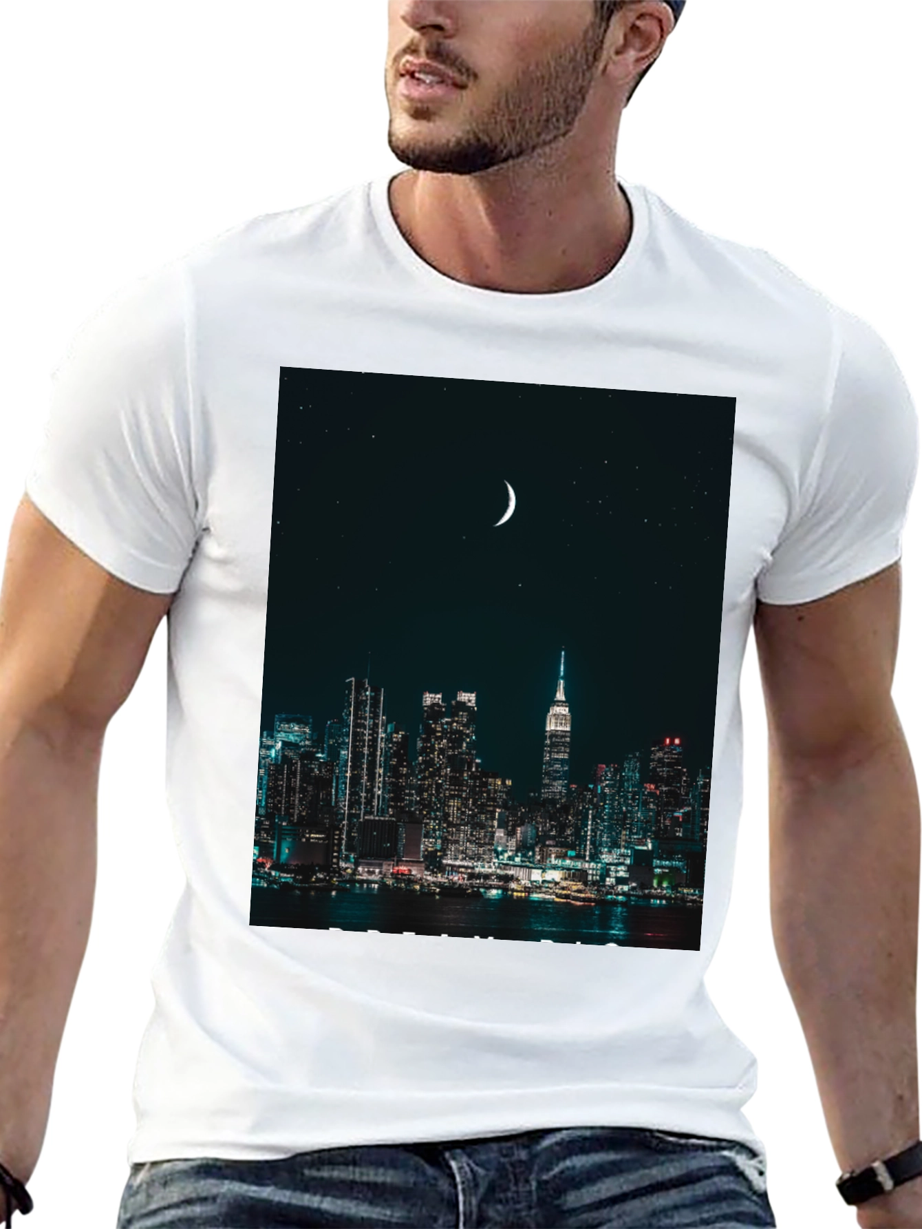 Cityscape Moon Graphic Tee - Urban Nightlife Style