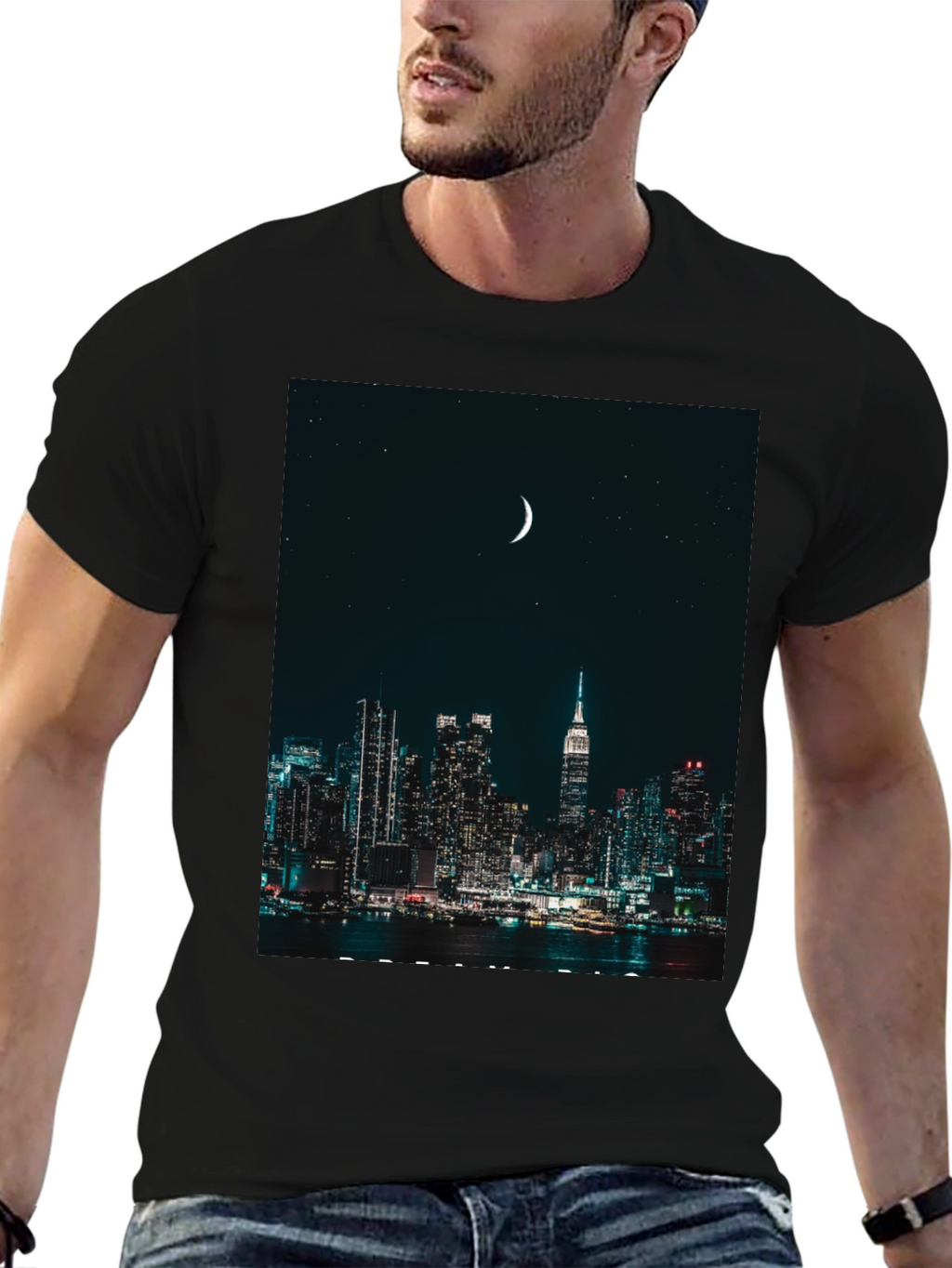 Cityscape Moon Graphic Tee - Urban Nightlife Style