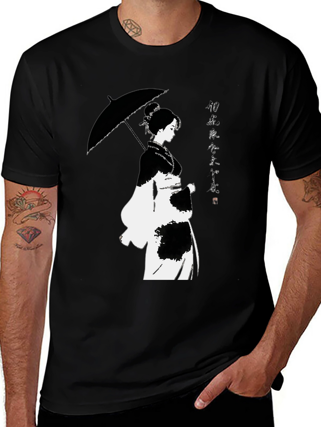 Black T-Shirt with Japanese Woman Umbrella Design