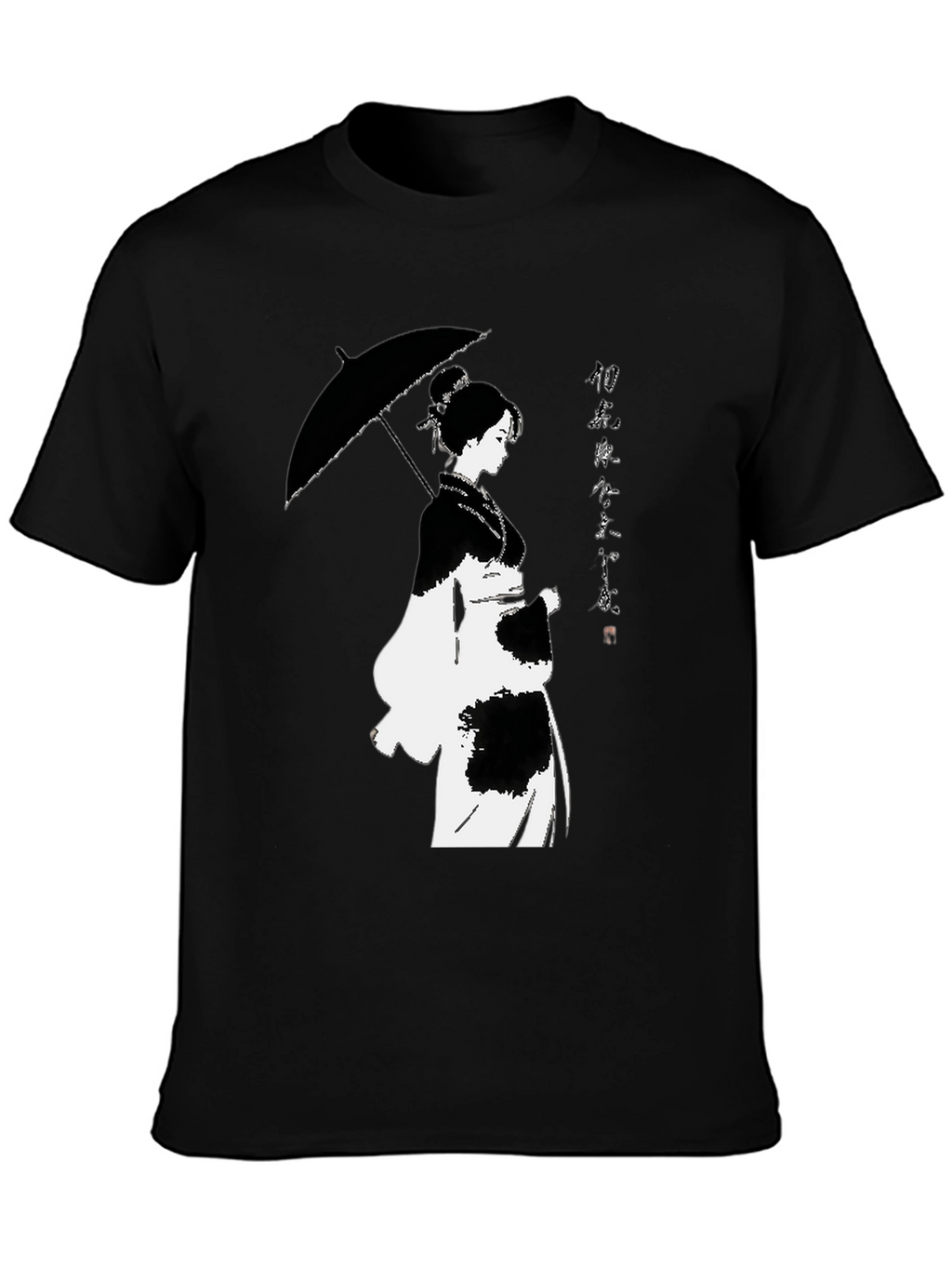 Black T-Shirt with Japanese Woman Umbrella Design