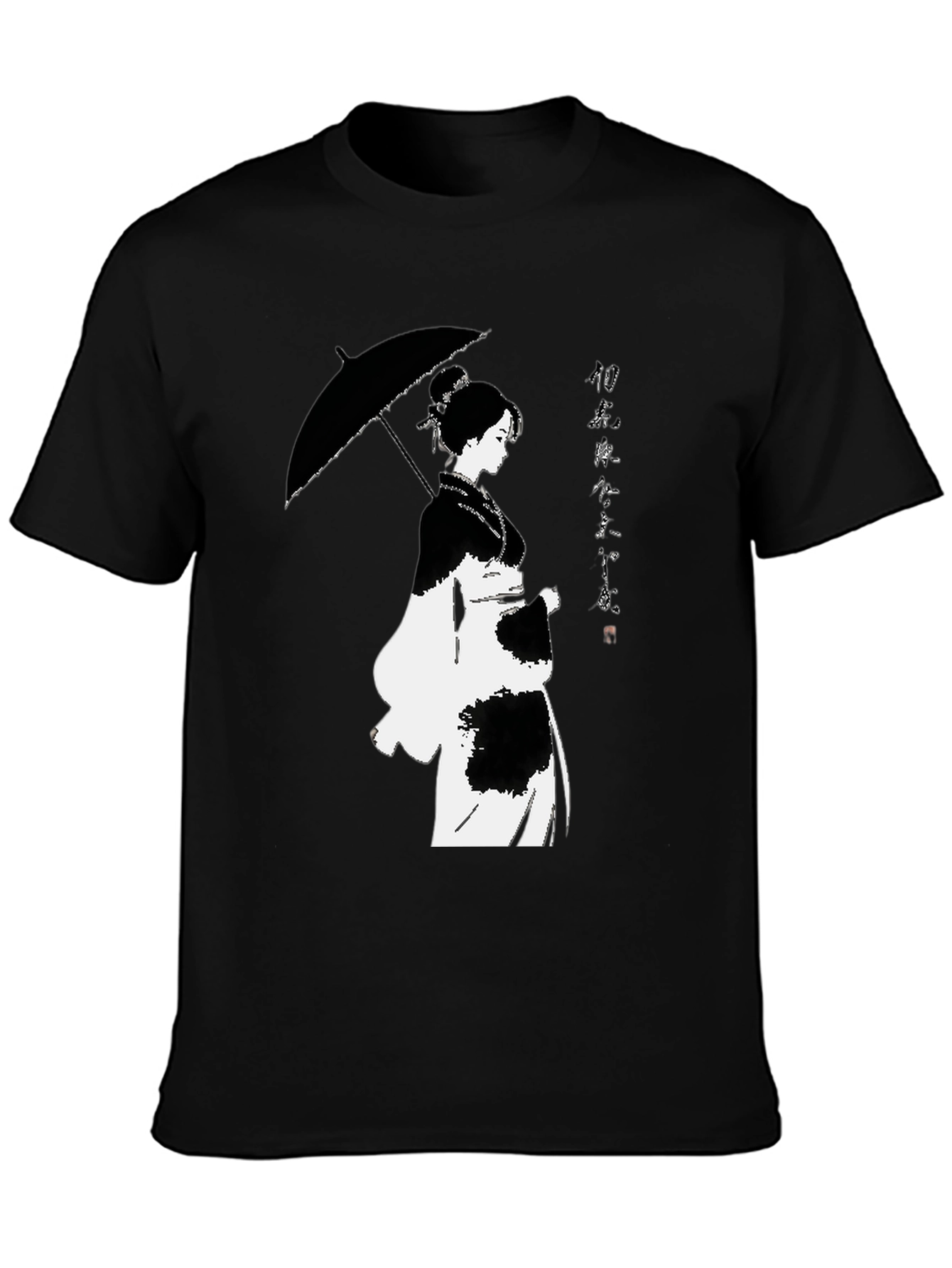 Black T-Shirt with Japanese Woman Umbrella Design