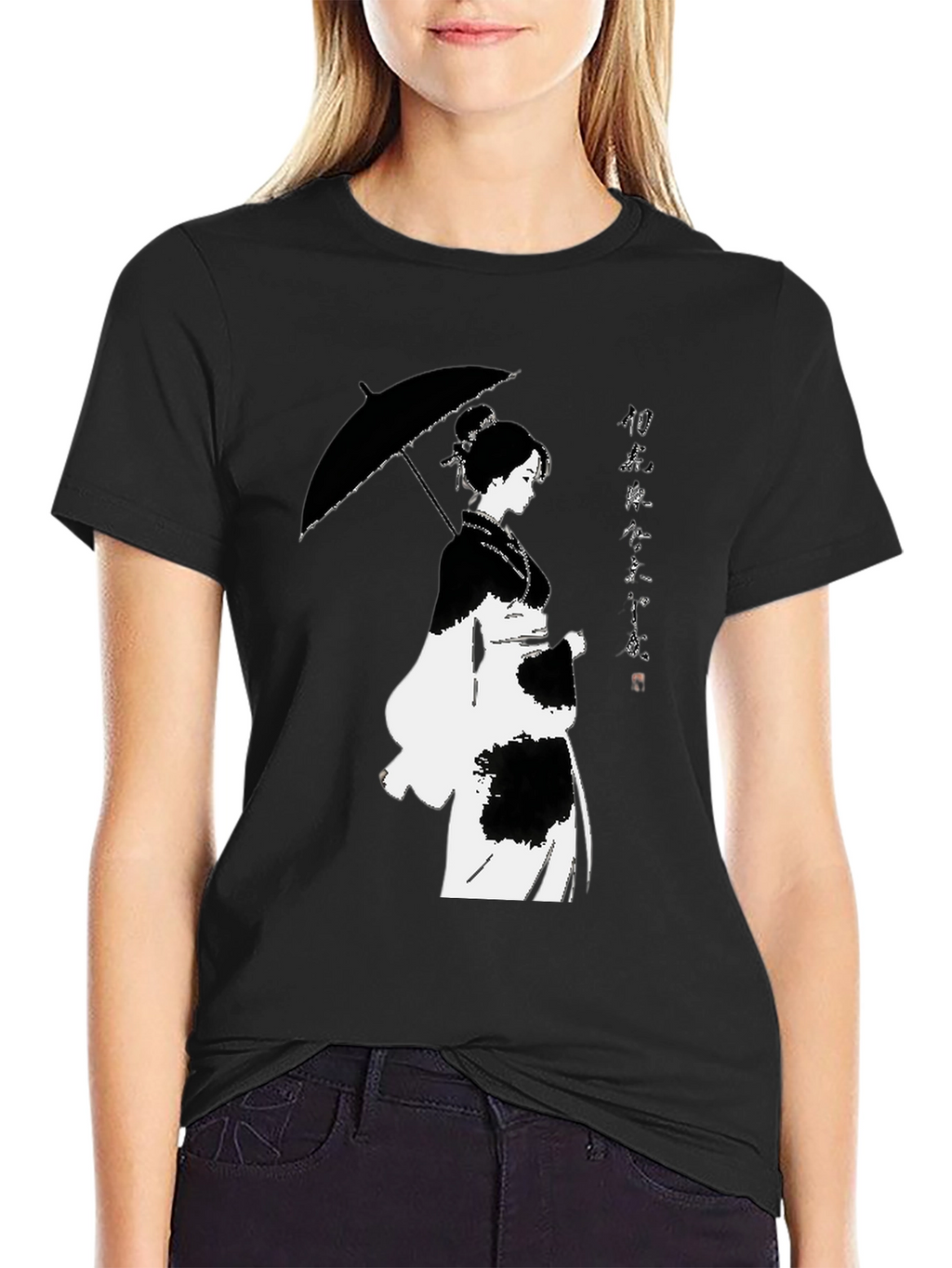 Black T-Shirt with Japanese Woman Umbrella Design