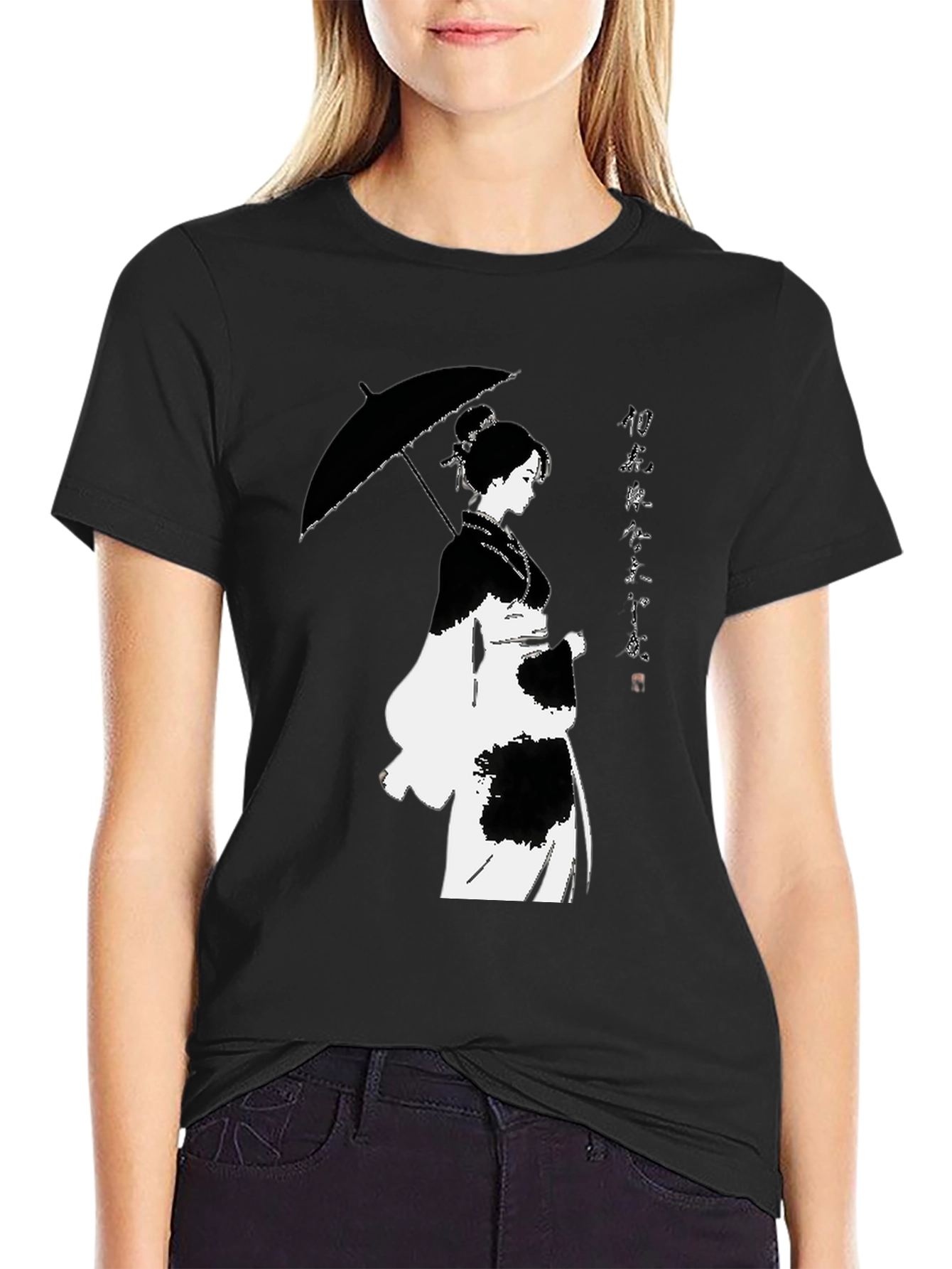 Black T-Shirt with Japanese Woman Umbrella Design