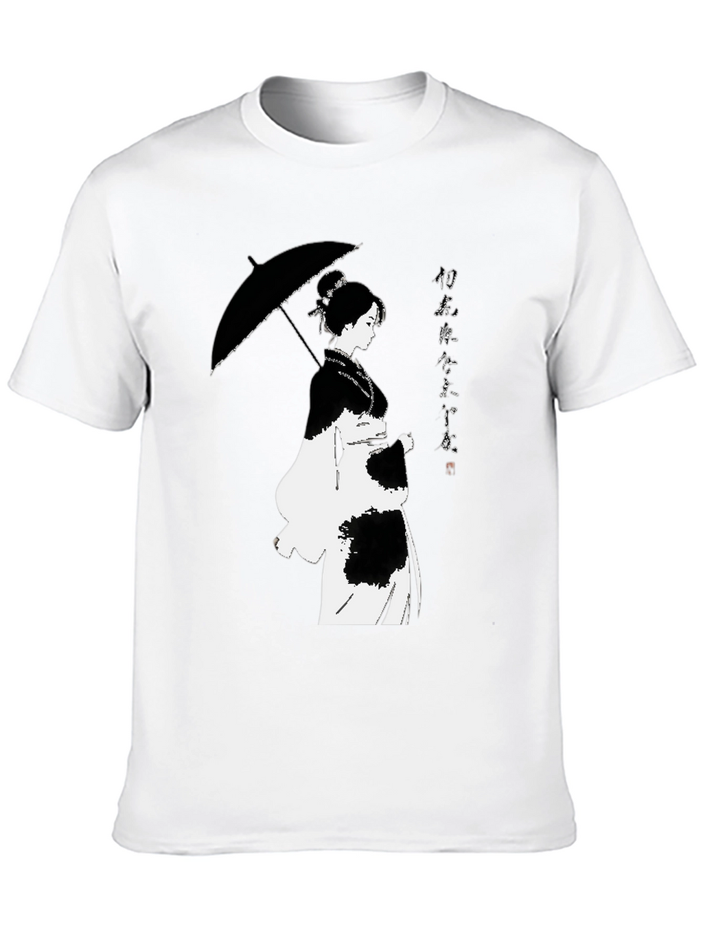 Black T-Shirt with Japanese Woman Umbrella Design