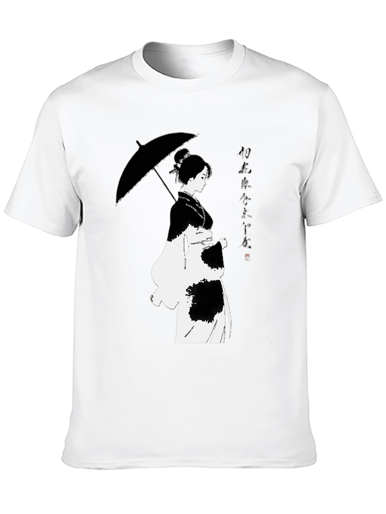 Black T-Shirt with Japanese Woman Umbrella Design